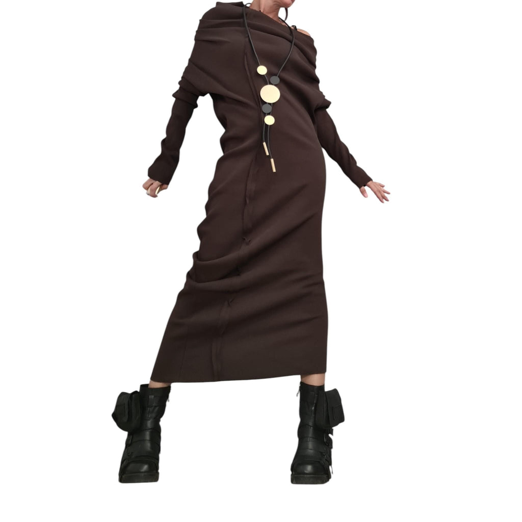 Brown Asymmetrical Maxi Dress, Avant Garde Long Sleeve Off Shoulder Gown, Minimalist Artistic Statement Dress for Women