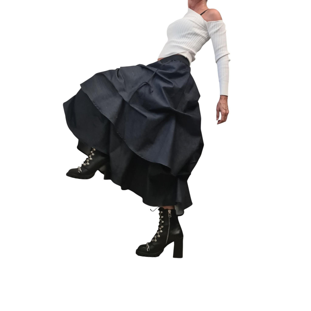 Asymmetric Denim Skirt, Avant Garde Denim Skirt with Adjustable Length, Handmade Artistic Deconstructed Maxi Skirt for Women