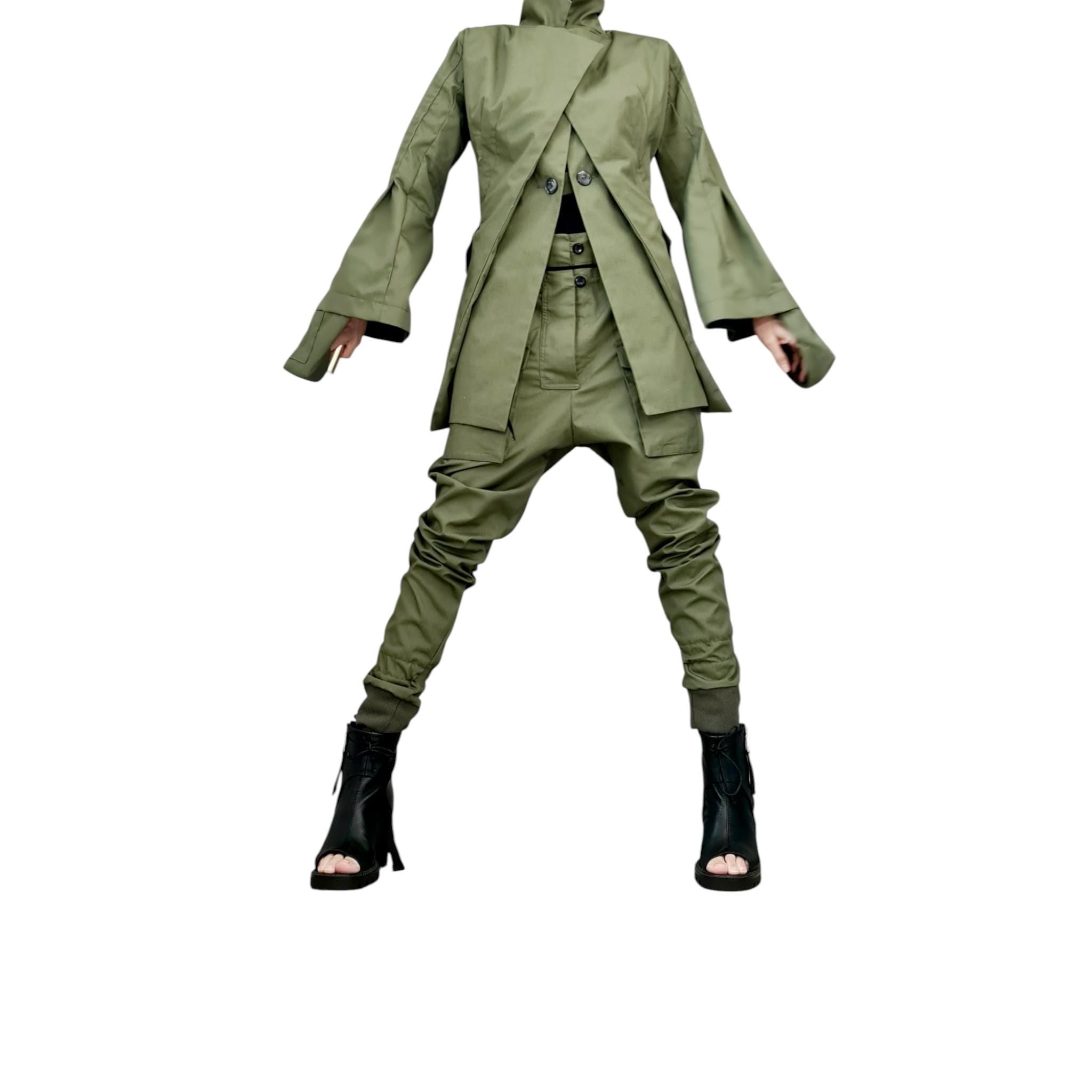 Avant Garde Cargo Suit, Extravagant Double Lapel Blazer and Pants, Olive Green Military Style Women’s Set