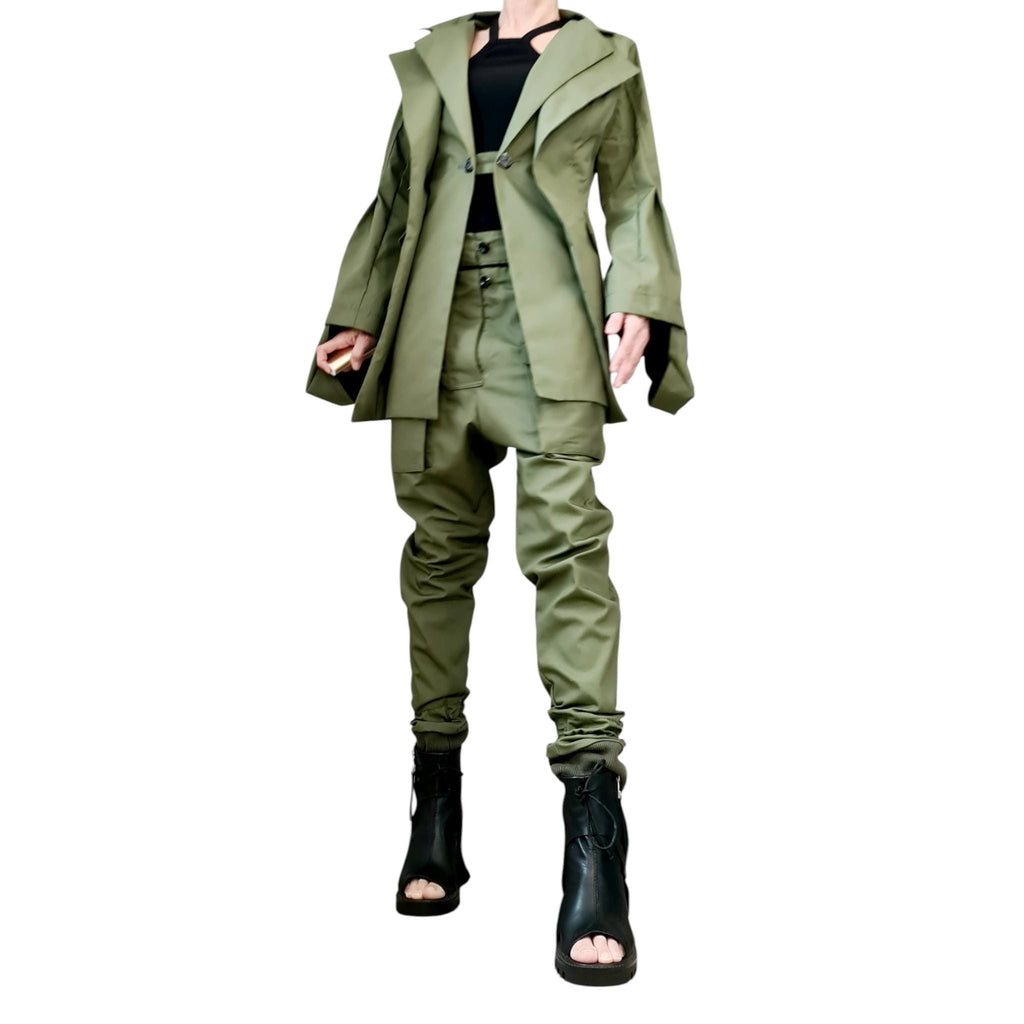 Avant Garde Cargo Suit, Extravagant Double Lapel Blazer and Pants, Olive Green Military Style Women’s Set