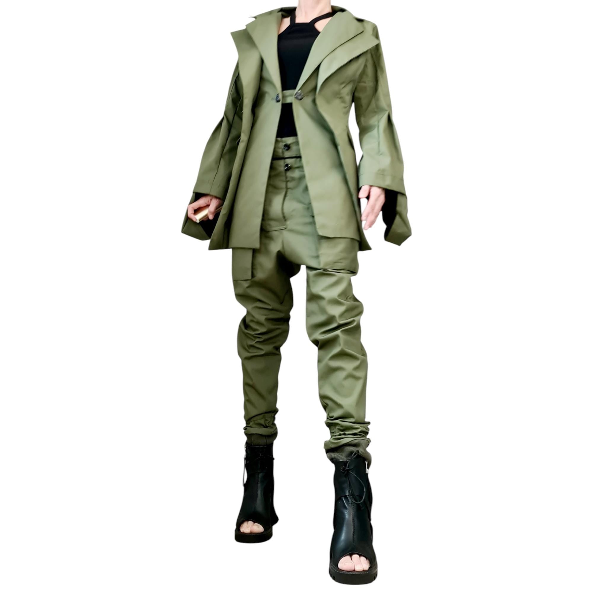 Avant Garde Cargo Suit, Extravagant Double Lapel Blazer and Pants, Olive Green Military Style Women’s Set