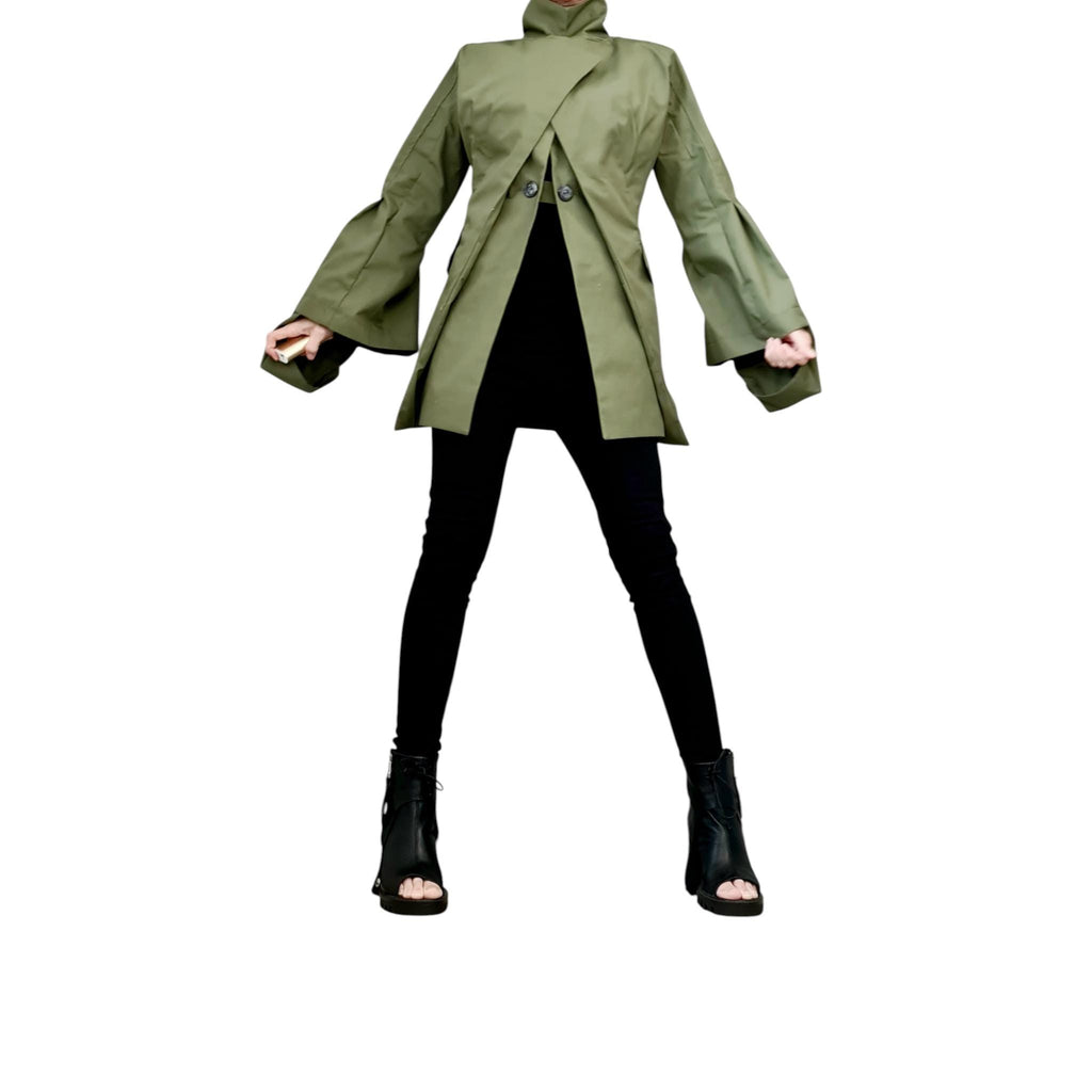 Extravagant Military Jacket, Avantgarde Green Cotton Blazer, Flared Sleeve Coat, Asymmetrical Double Lapel Jacket, Fall Statement Coat