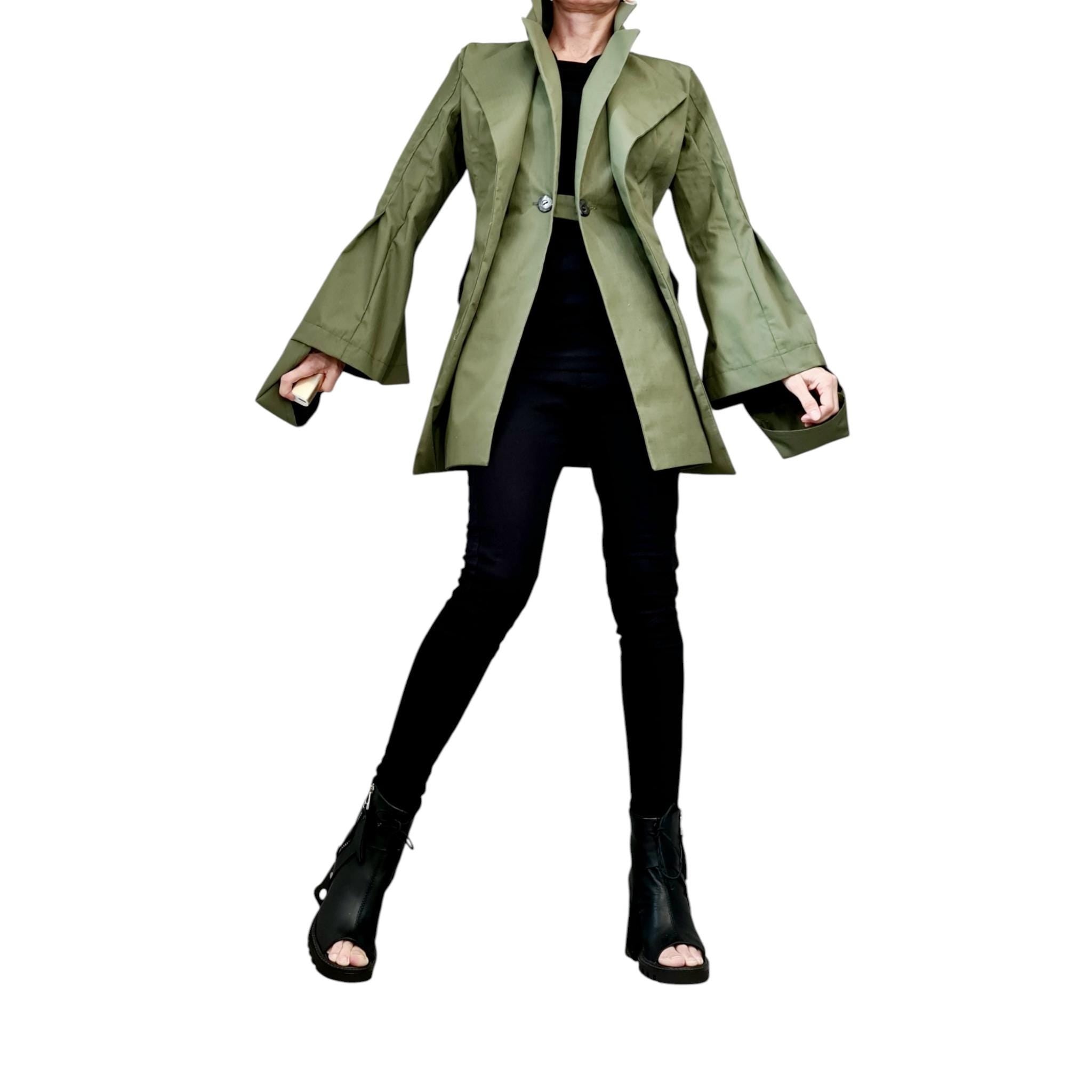 Extravagant Military Jacket, Avantgarde Green Cotton Blazer, Flared Sleeve Coat, Asymmetrical Double Lapel Jacket, Fall Statement Coat
