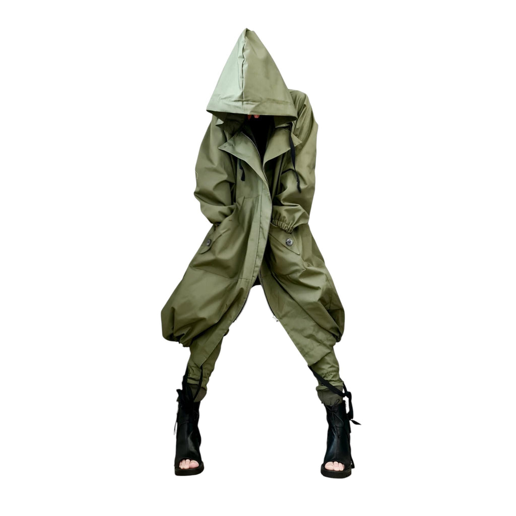 Avantgarde Military Trench Coat, Oversized Hooded Jacket, Green Cotton Asymmetrical Coat, Extravagant Ripstop Fall Outerwear for Women