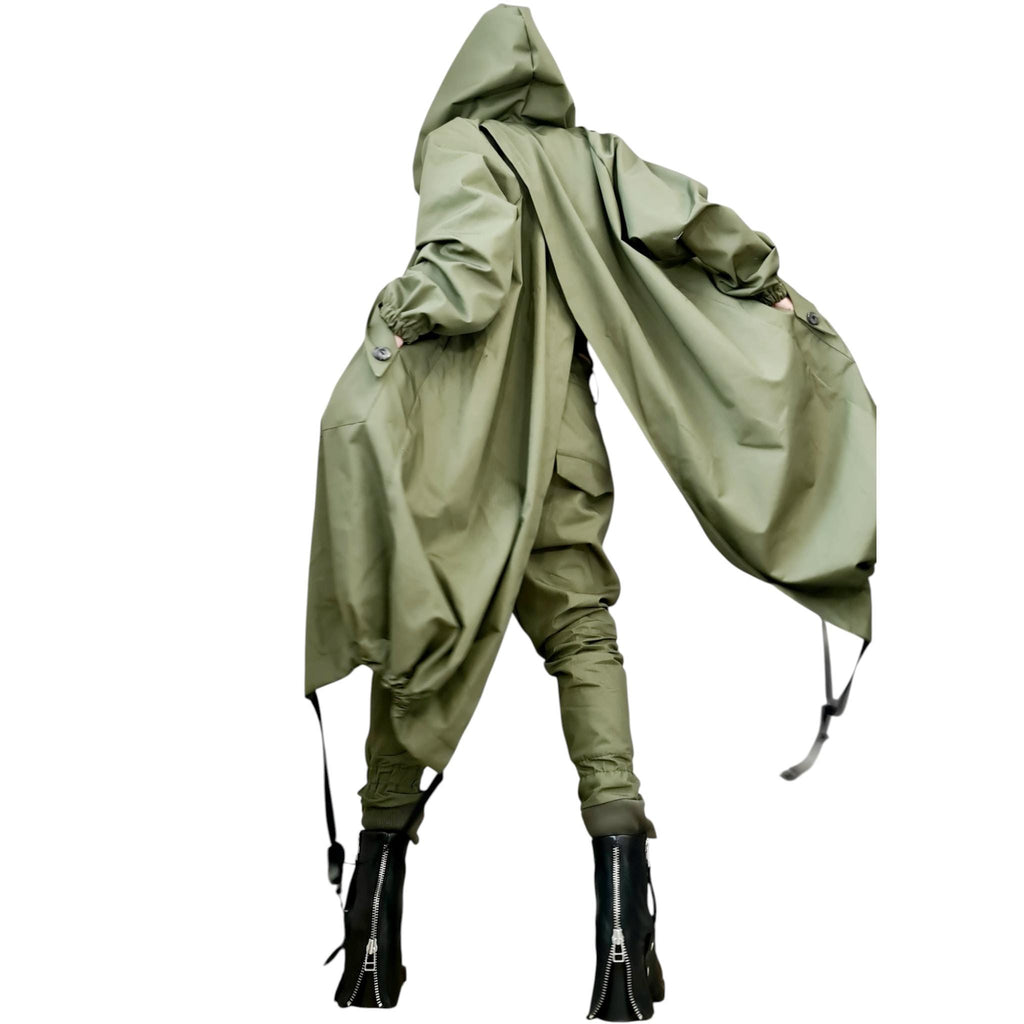 Military Trench Coat Set, Avantgarde Cargo Pants and Hooded Jacket, Extravagant Cotton Outfit, Asymmetrical Street Style Ensemble