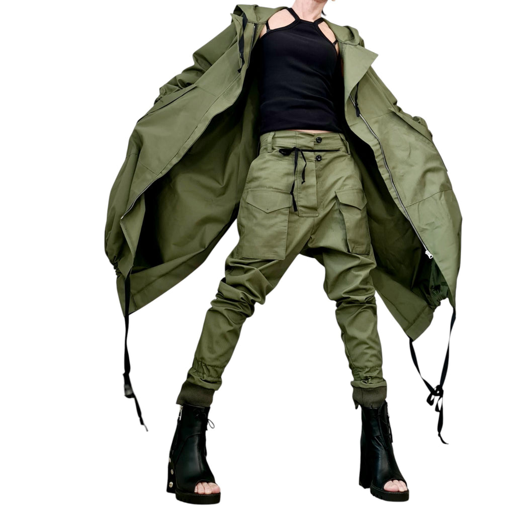 Military Trench Coat Set, Avantgarde Cargo Pants and Hooded Jacket, Extravagant Cotton Outfit, Asymmetrical Street Style Ensemble