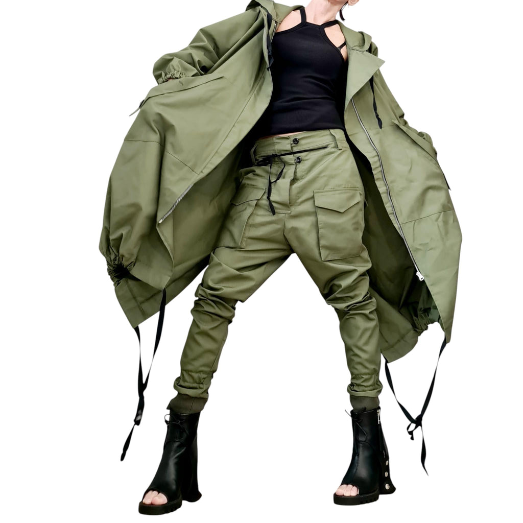 Military Trench Coat Set, Avantgarde Cargo Pants and Hooded Jacket, Extravagant Cotton Outfit, Asymmetrical Street Style Ensemble