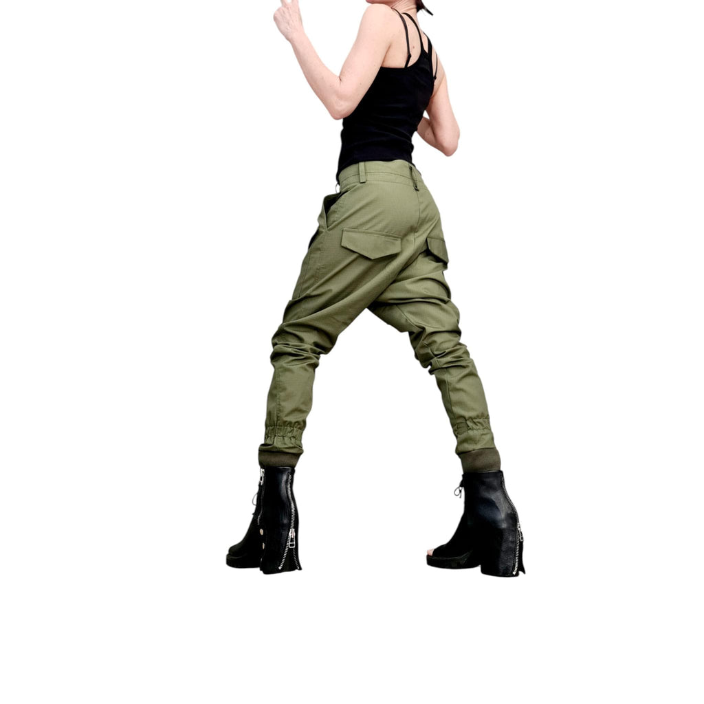 Extravagant Cargo Pants, Avantgarde Military Style Trousers, Green Cotton Combat Pants, Urban Asymmetrical Streetwear Pants