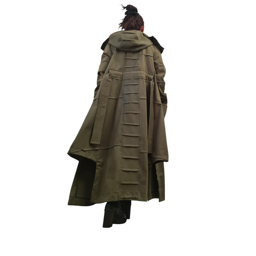 Military Green Denim Trench Coat, Extravagant Asymmetrical Long Jacket, Avant Garde Cotton Overcoat for Women