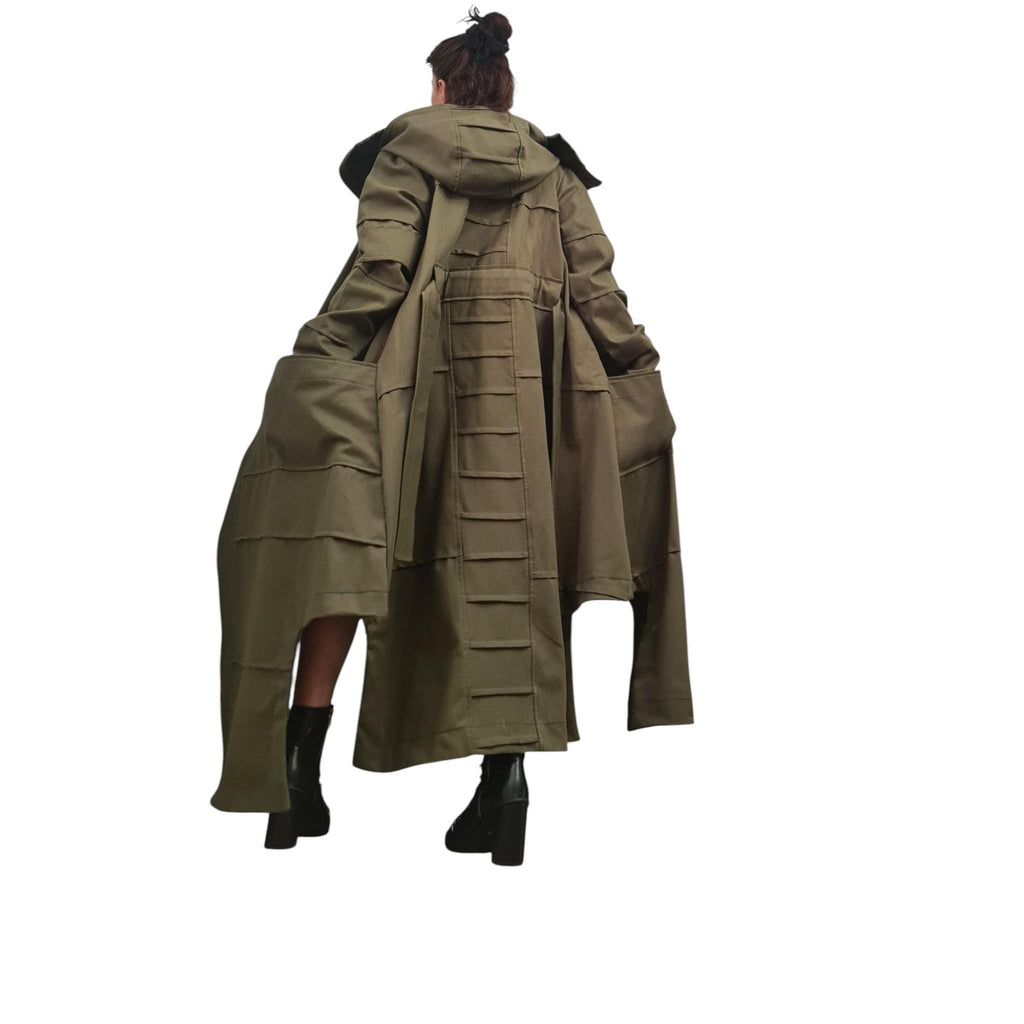 Military Green Denim Trench Coat, Extravagant Asymmetrical Long Jacket, Avant Garde Cotton Overcoat for Women