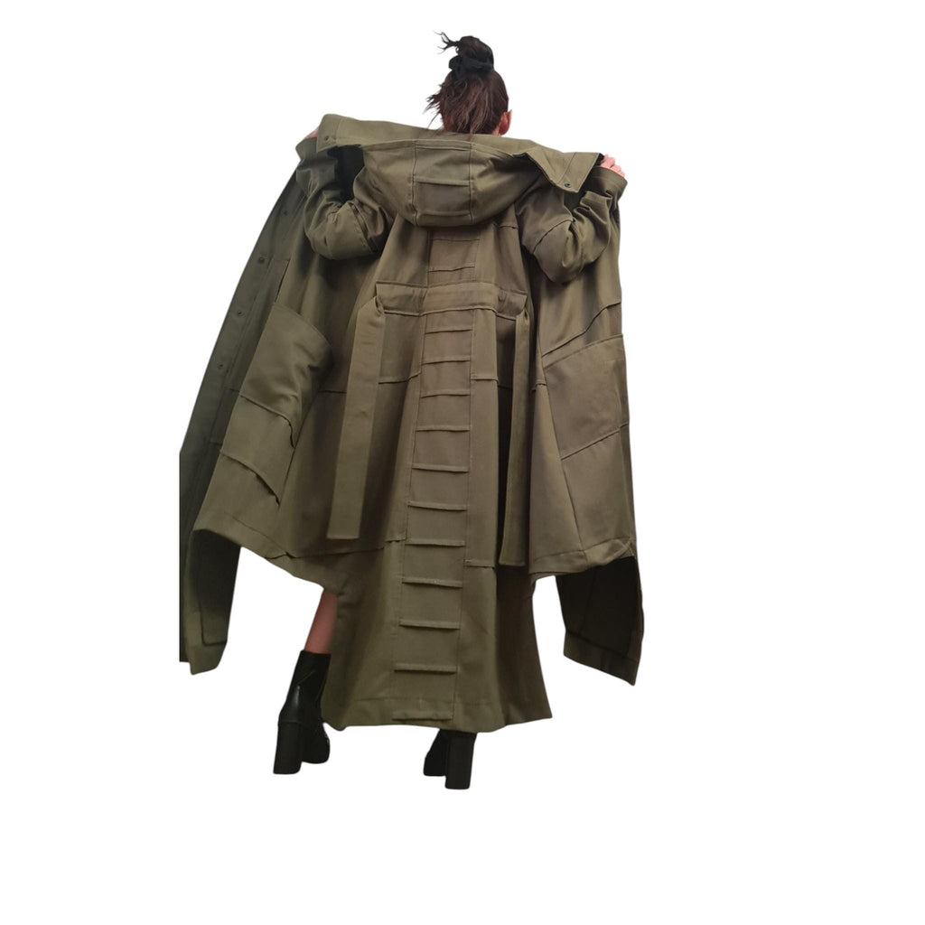 Military Green Denim Trench Coat, Extravagant Asymmetrical Long Jacket, Avant Garde Cotton Overcoat for Women