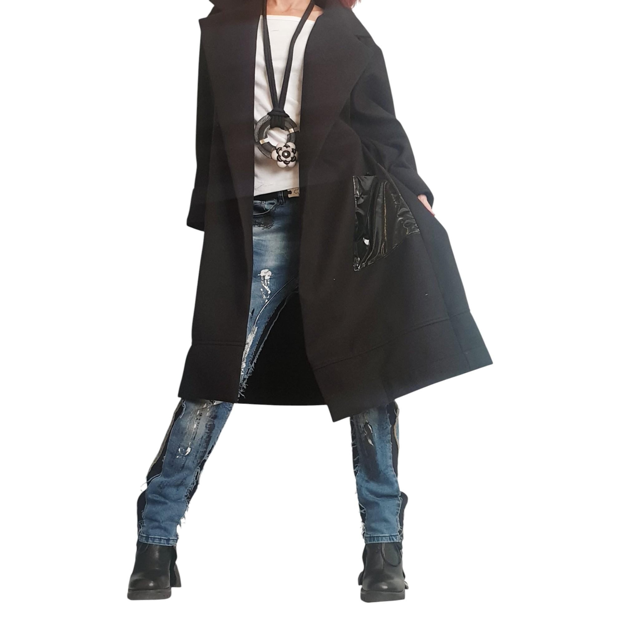 Avant Garde Black Coat, Long Trench Coat with Glossy Pockets, Oversized Handmade Wool Blend Jacket, Extravagant Black Coat