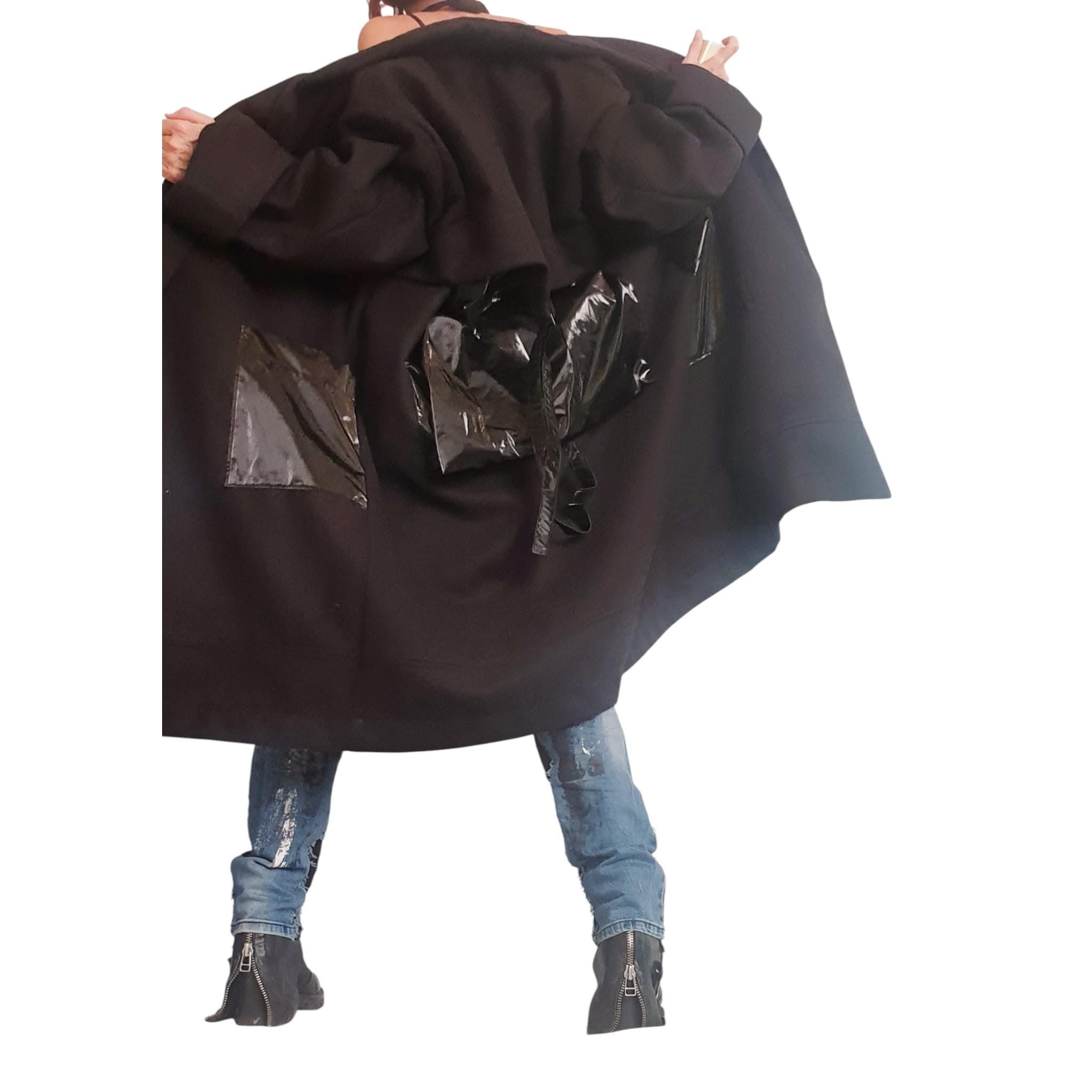 Avant Garde Black Coat, Long Trench Coat with Glossy Pockets, Oversized Handmade Wool Blend Jacket, Extravagant Black Coat