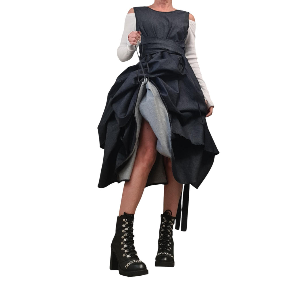 Extravagant Denim Dress, Avant Garde Asymmetric Sleeveless Dress with Drawstring Front, Sculptural Deconstructed Midi Dress