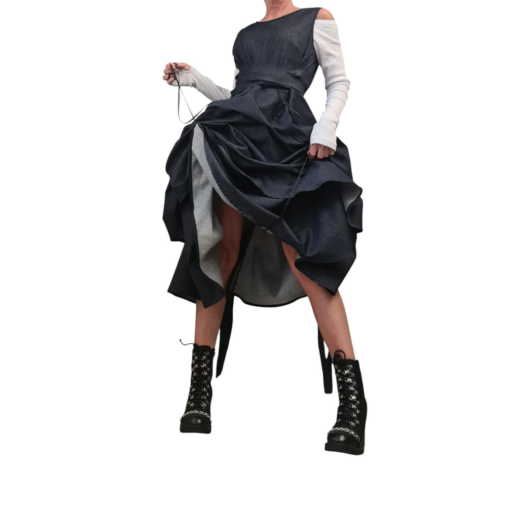 Extravagant Denim Dress, Avant Garde Asymmetric Sleeveless Dress with Drawstring Front, Sculptural Deconstructed Midi Dress