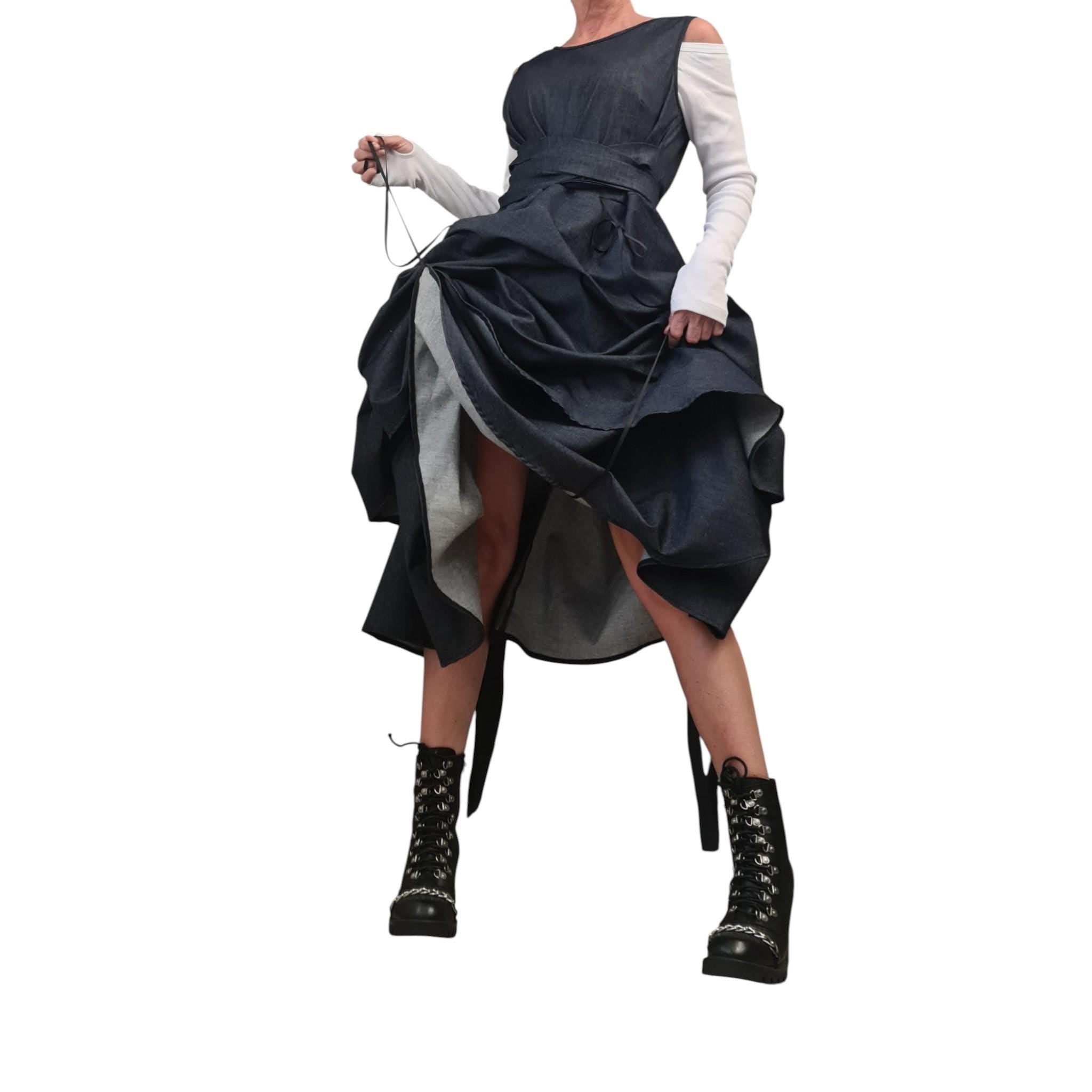Extravagant Denim Dress, Avant Garde Asymmetric Sleeveless Dress with Drawstring Front, Sculptural Deconstructed Midi Dress