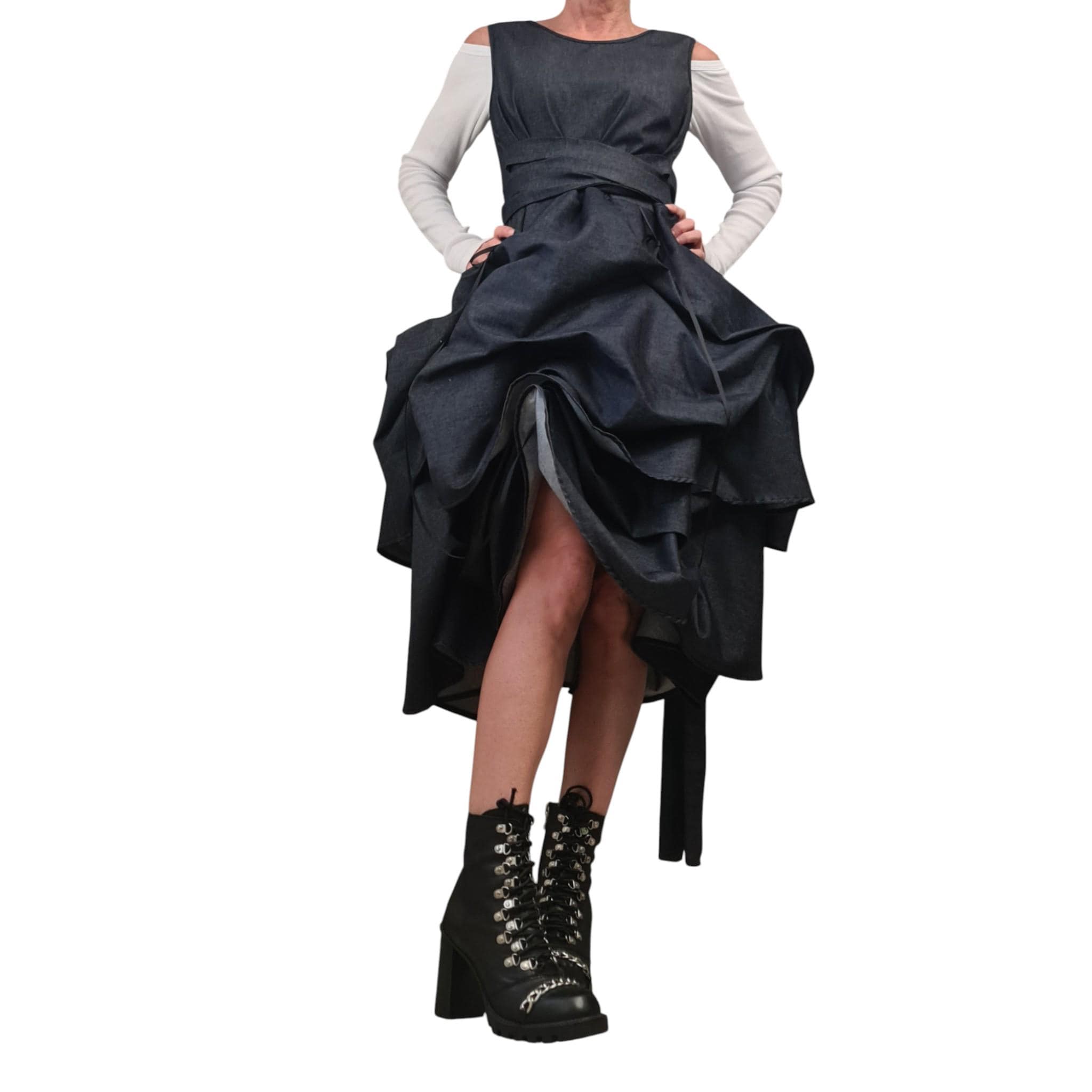 Extravagant Denim Dress, Avant Garde Asymmetric Sleeveless Dress with Drawstring Front, Sculptural Deconstructed Midi Dress