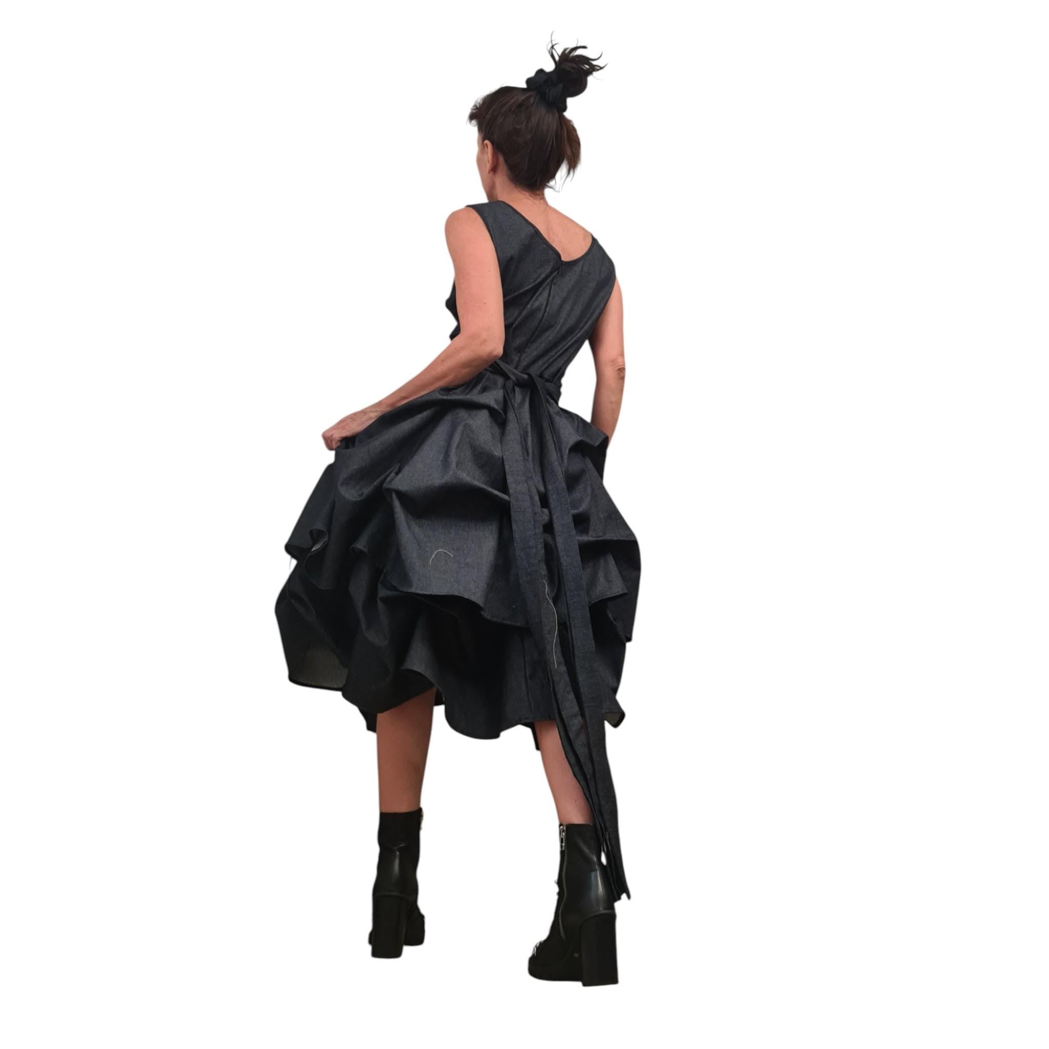Extravagant Denim Dress, Avant Garde Asymmetric Sleeveless Dress with Drawstring Front, Sculptural Deconstructed Midi Dress