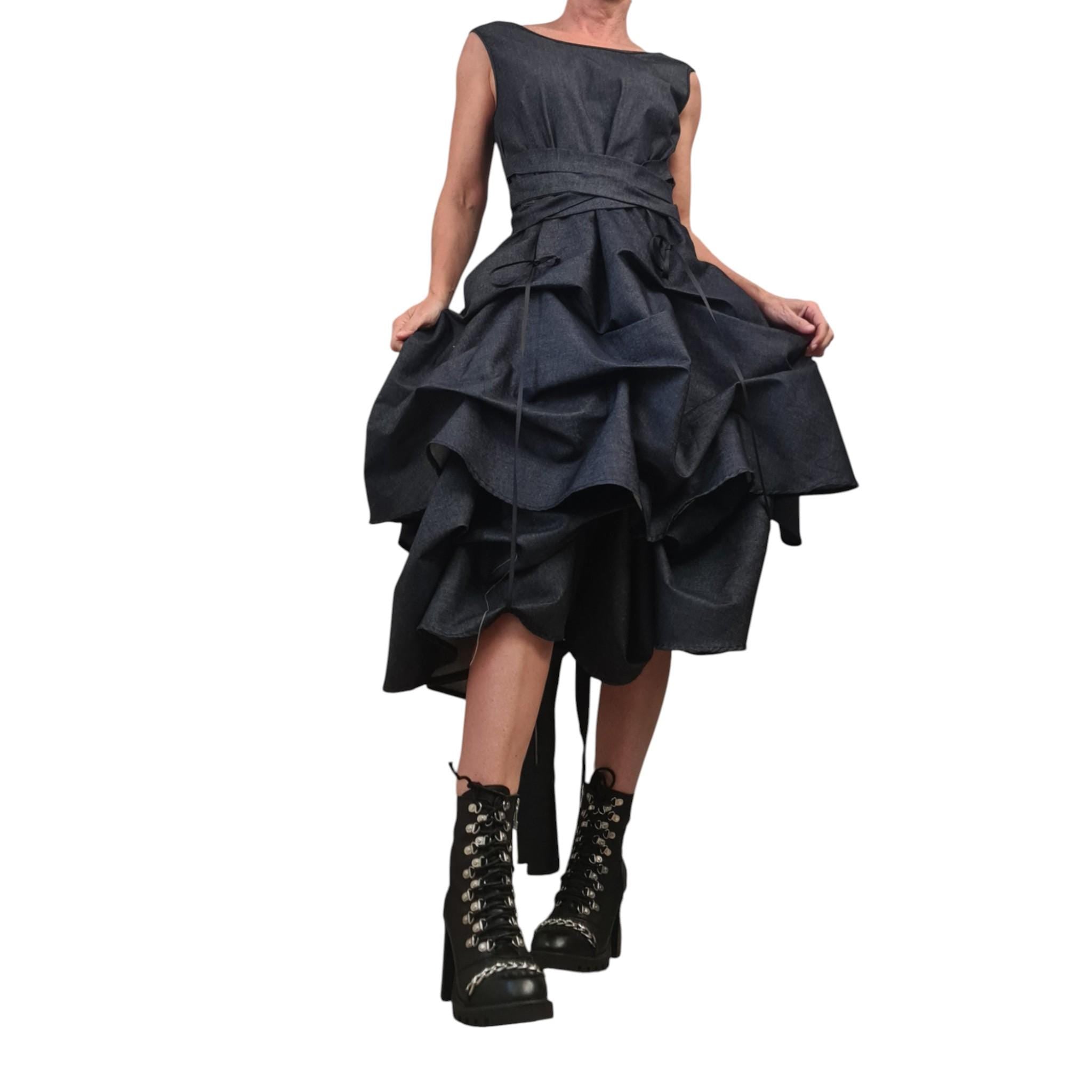 Extravagant Denim Dress, Avant Garde Asymmetric Sleeveless Dress with Drawstring Front, Sculptural Deconstructed Midi Dress