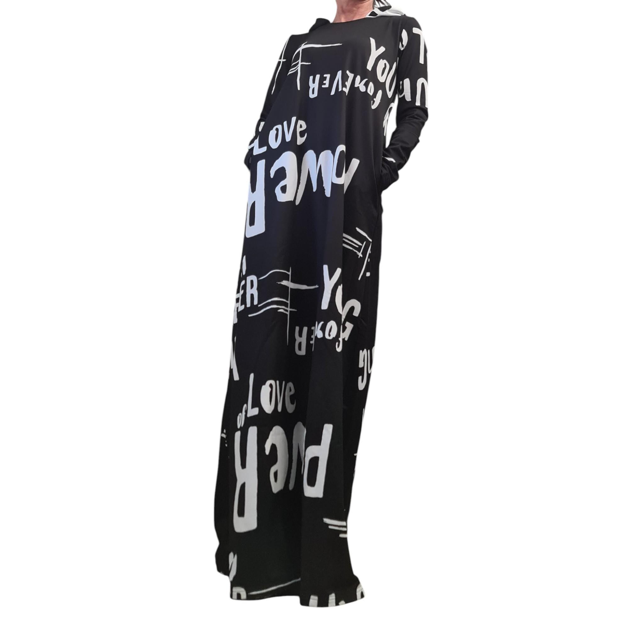 Long Black Hoodie Dress Graffiti Print, Avant Garde Cotton Maxi Dress with Pockets, Extravagant Streetwear Outfit