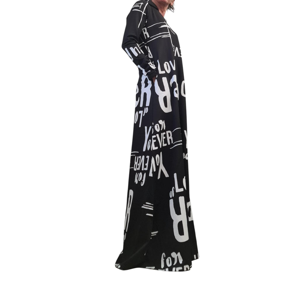 Long Black Hoodie Dress Graffiti Print, Avant Garde Cotton Maxi Dress with Pockets, Extravagant Streetwear Outfit