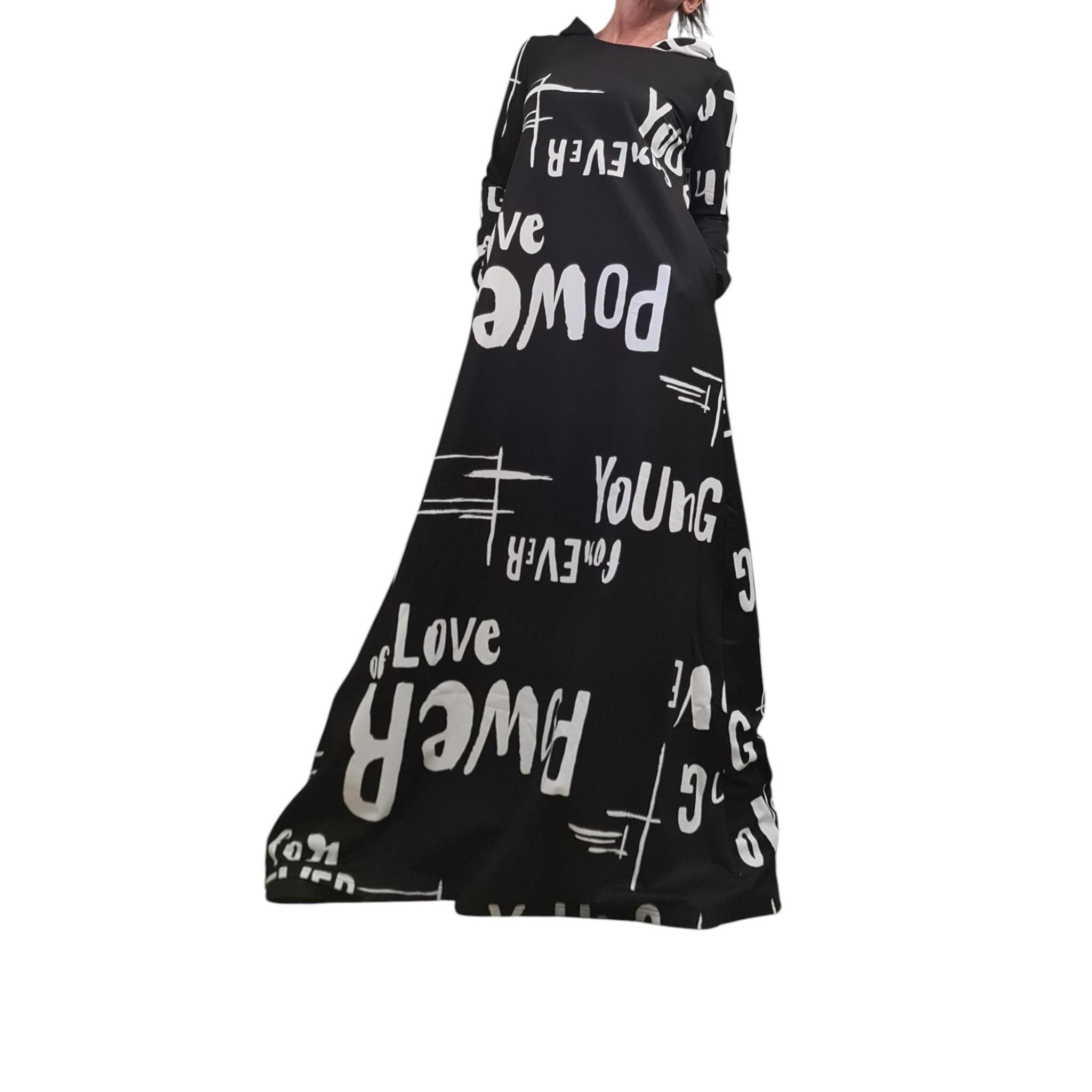 Long Black Hoodie Dress Graffiti Print, Avant Garde Cotton Maxi Dress with Pockets, Extravagant Streetwear Outfit