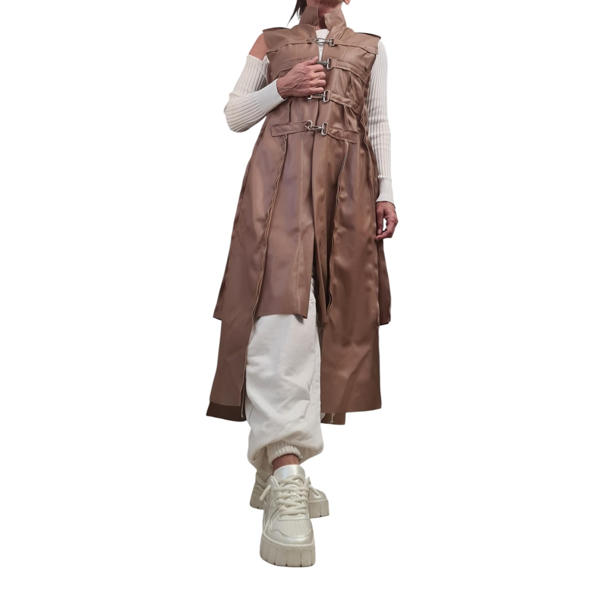 Avant Garde Faux Leather Vest, Long Fitted Sleeveless Coat, Statement Brown Vest with Buckles, Handmade Women’s Fashion