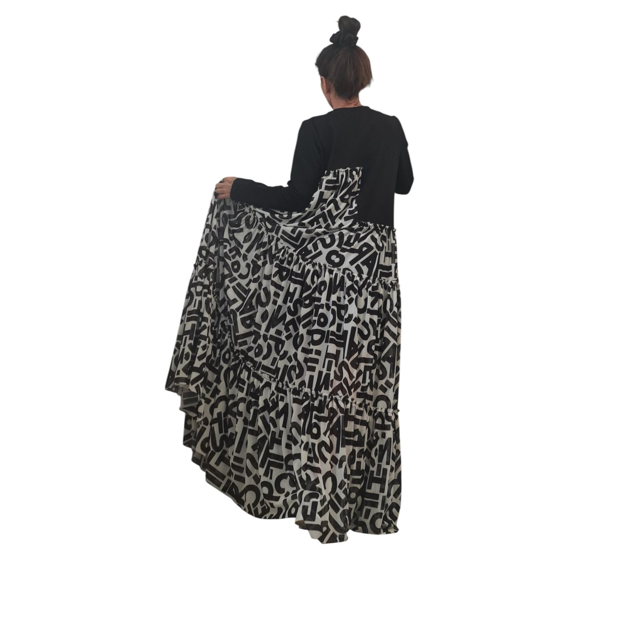 Avant Garde Black Maxi Dress, Artistic Cotton Tulle Letters Print Gown, Long Statement Dress, Unique Asymmetrical Fashion Outfit