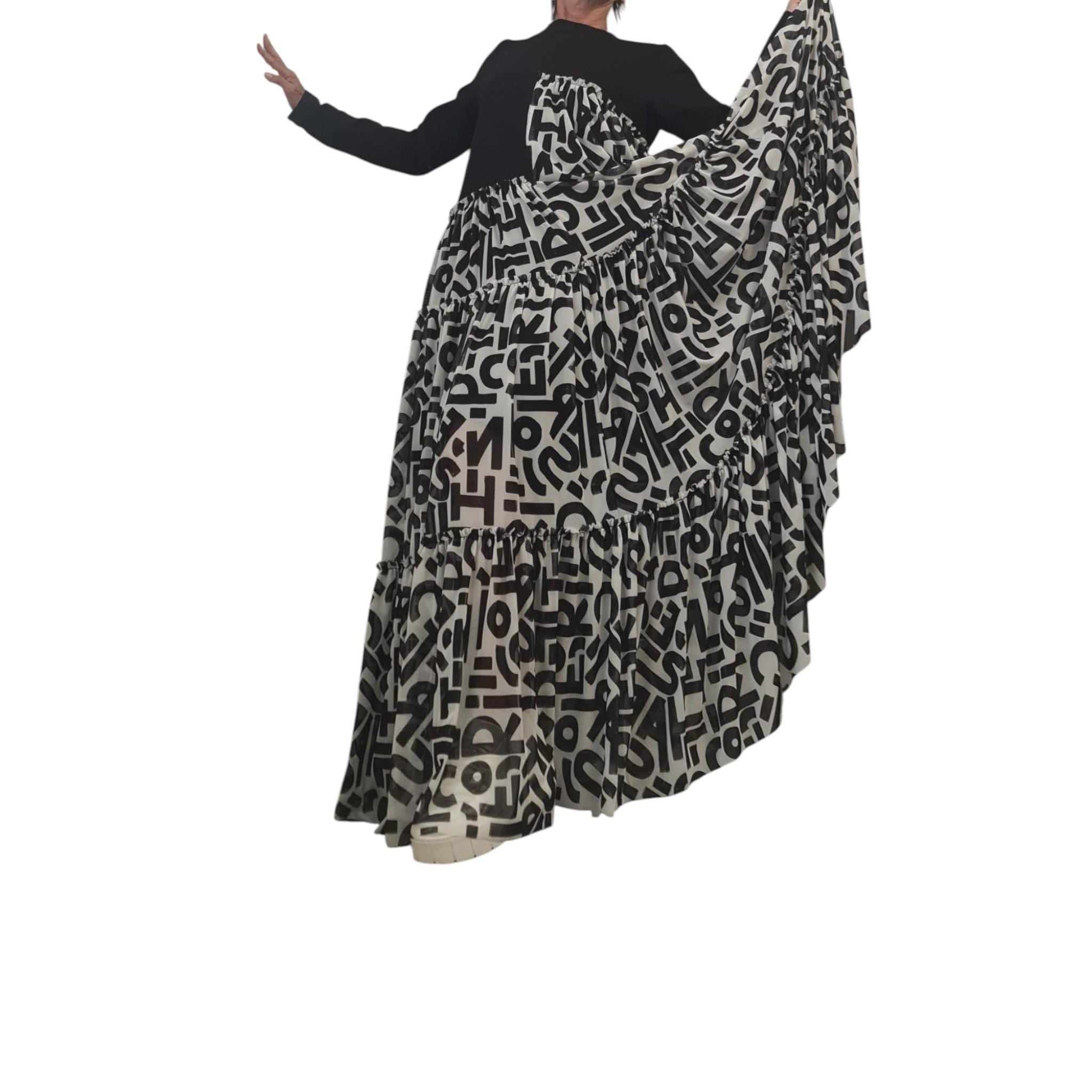 Avant Garde Black Maxi Dress, Artistic Cotton Tulle Letters Print Gown, Long Statement Dress, Unique Asymmetrical Fashion Outfit