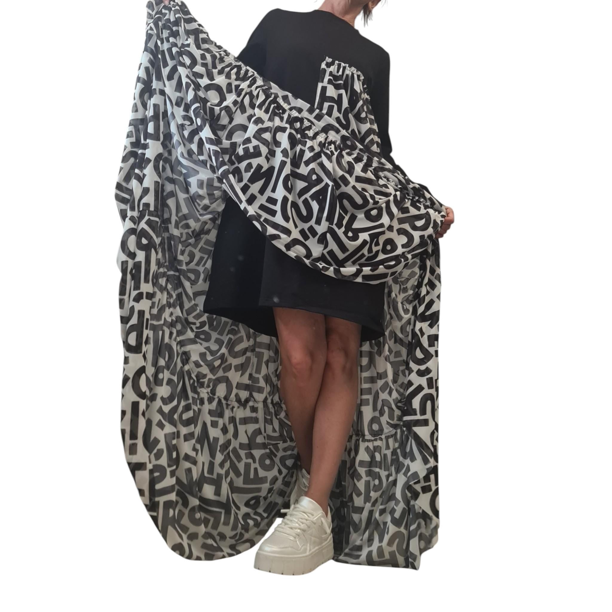 Avant Garde Black Maxi Dress, Artistic Cotton Tulle Letters Print Gown, Long Statement Dress, Unique Asymmetrical Fashion Outfit