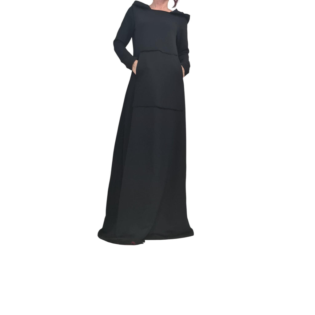 Black Avant Garde Maxi Dress with Hood, Long Cotton Statement Dress, Minimalist Gothic Gown, Asymmetrical Edge Fashion