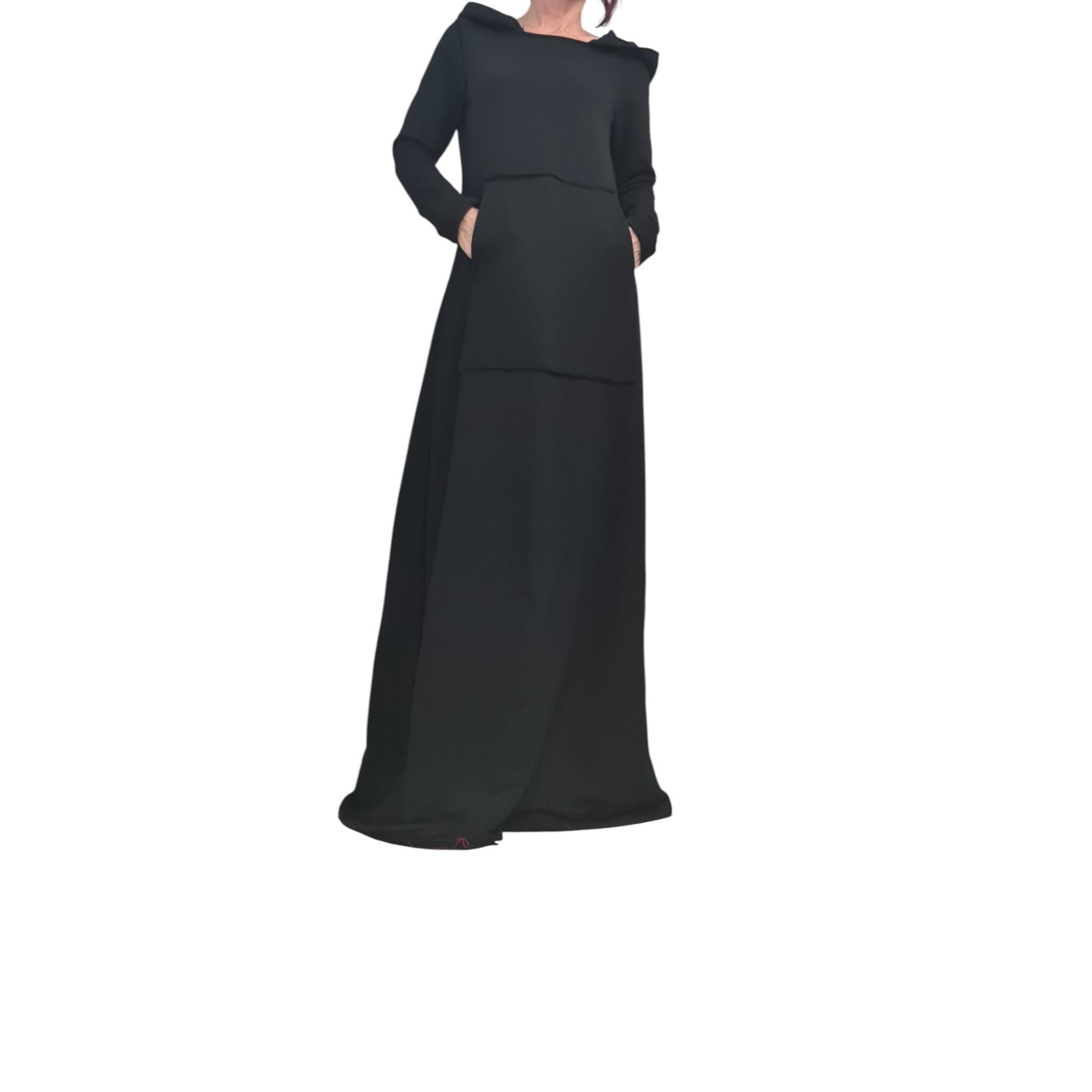 Black Avant Garde Maxi Dress with Hood, Long Cotton Statement Dress, Minimalist Gothic Gown, Asymmetrical Edge Fashion
