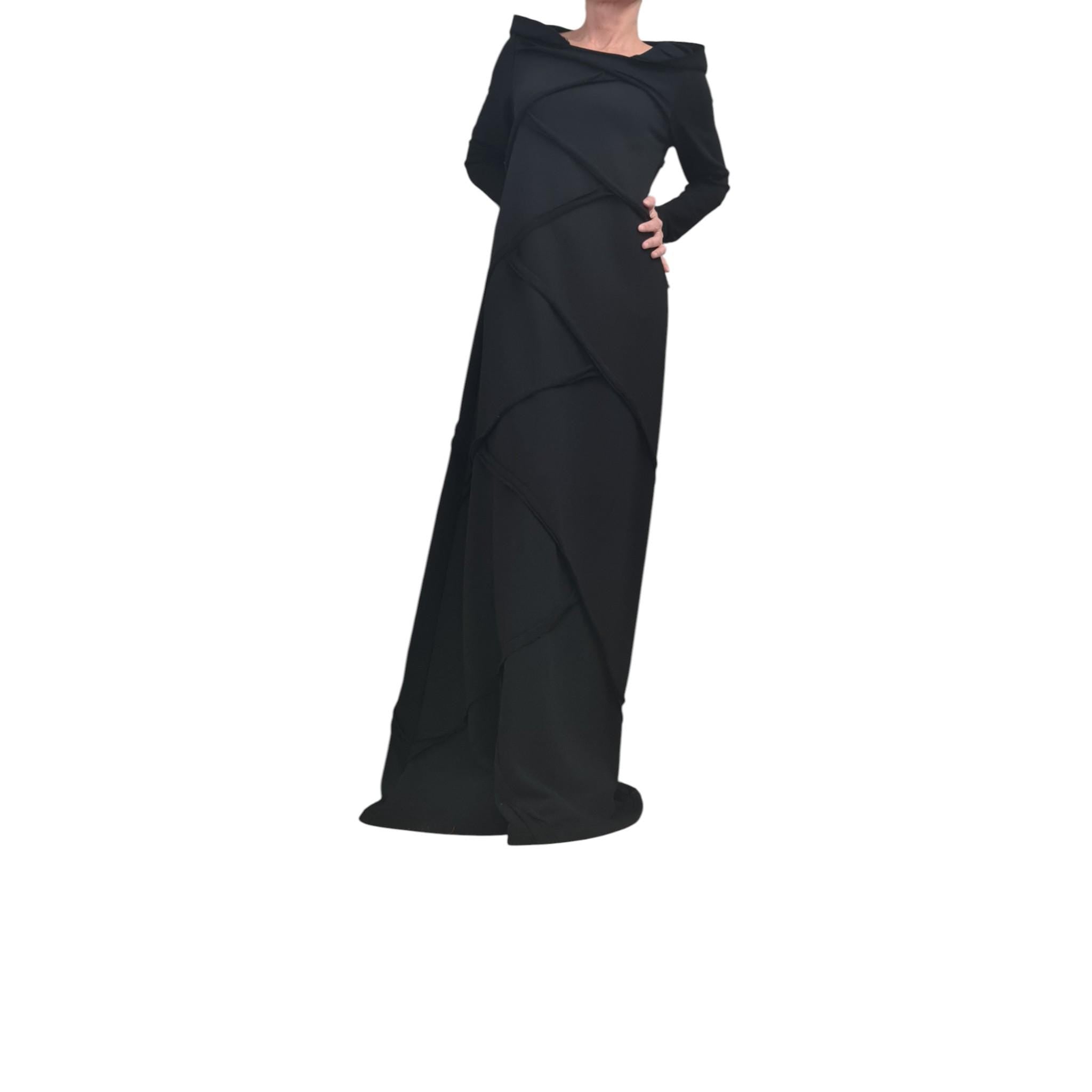 Black Avant Garde Maxi Dress with Hood, Long Cotton Statement Dress, Minimalist Gothic Gown, Asymmetrical Edge Fashion