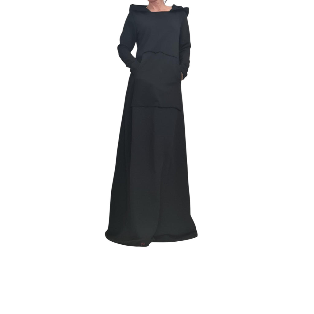 Black Avant Garde Maxi Dress with Hood, Long Cotton Statement Dress, Minimalist Gothic Gown, Asymmetrical Edge Fashion