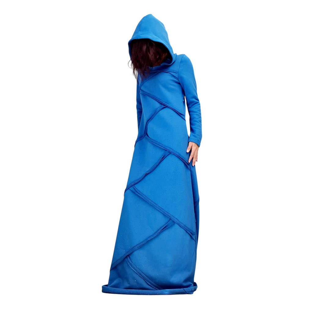 Blue Avant Garde Maxi Dress with Hood, Long Cotton Statement Dress, Artistic Minimalist Gown, Asymmetrical Edge Fashion