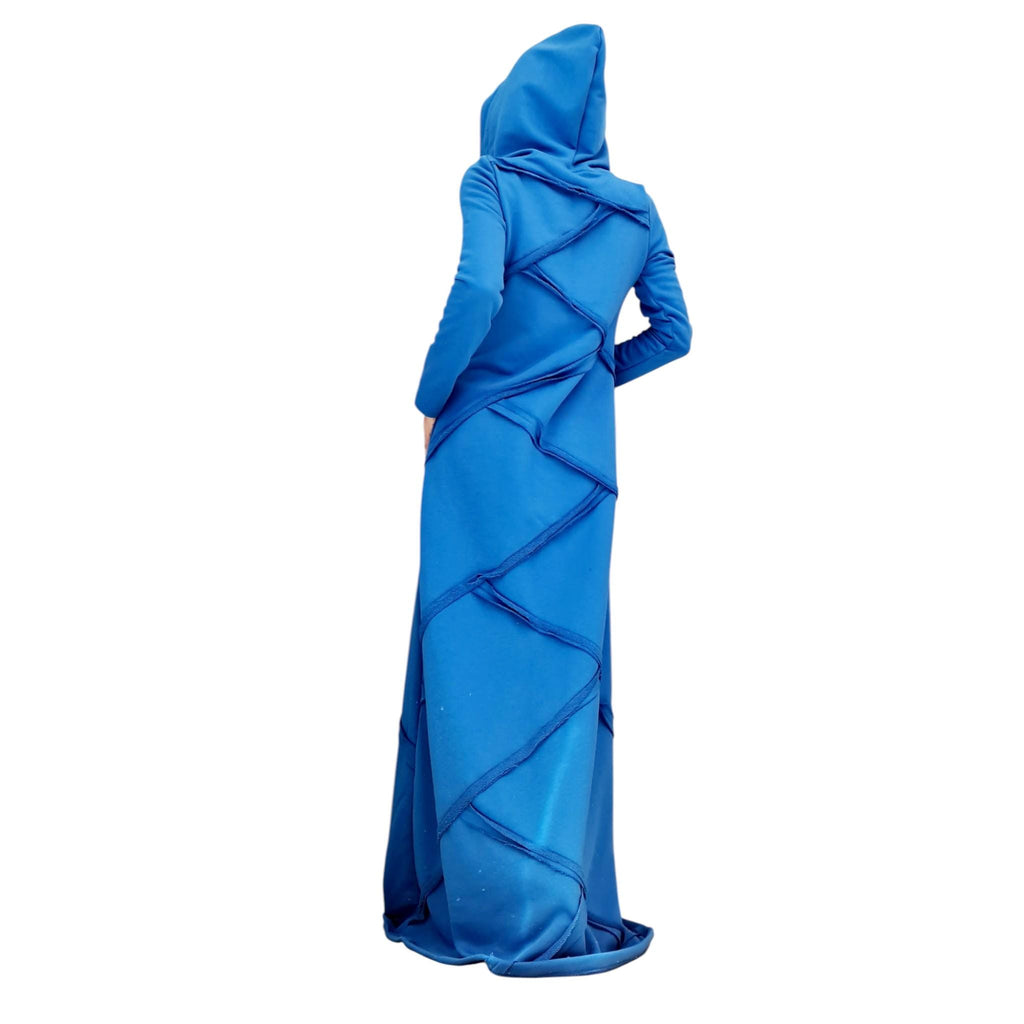 Blue Avant Garde Maxi Dress with Hood, Long Cotton Statement Dress, Artistic Minimalist Gown, Asymmetrical Edge Fashion