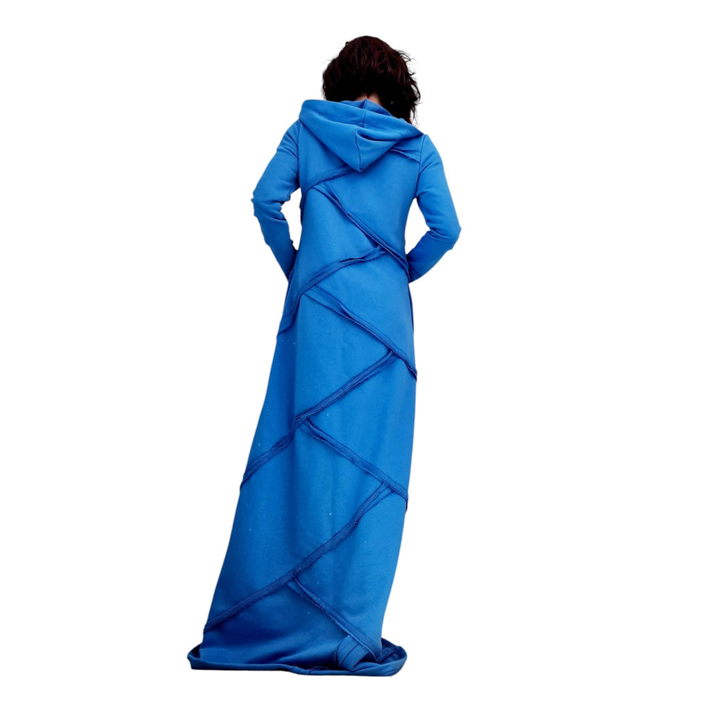 Blue Avant Garde Maxi Dress with Hood, Long Cotton Statement Dress, Artistic Minimalist Gown, Asymmetrical Edge Fashion