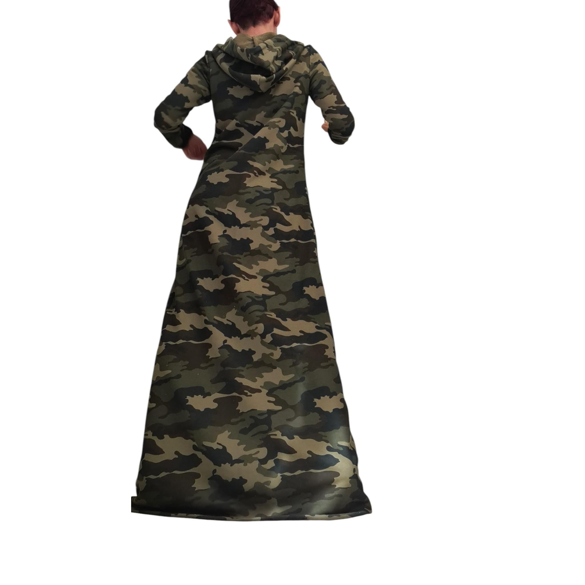 Camouflage Maxi Hoodie Dress, Long Cotton Military Style Gown, Avant Garde Camo Outfit, Oversized Statement Dress with Hood