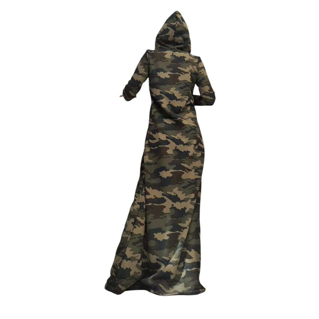 Camouflage Maxi Hoodie Dress, Long Cotton Military Style Gown, Avant Garde Camo Outfit, Oversized Statement Dress with Hood