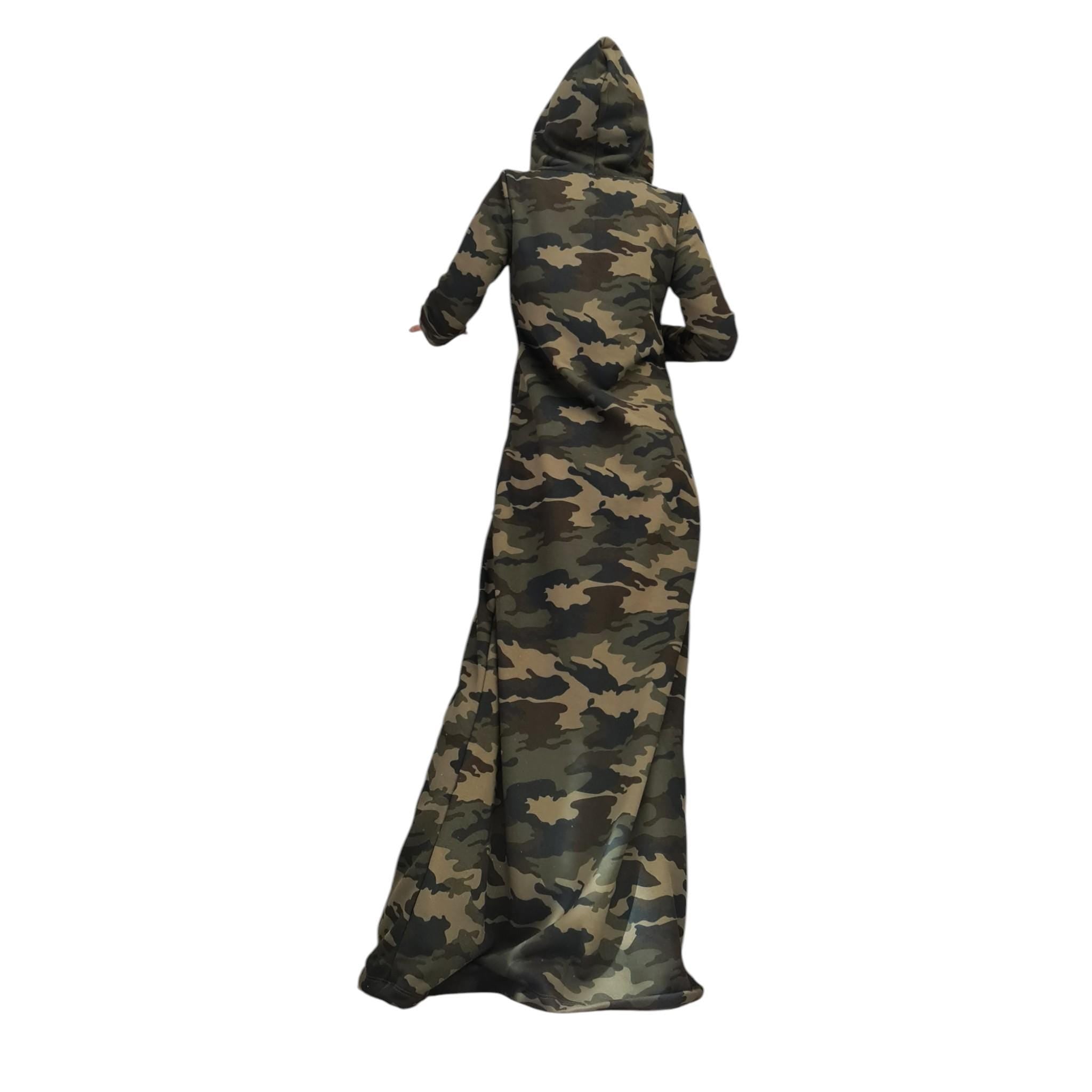 Camouflage Maxi Hoodie Dress, Long Cotton Military Style Gown, Avant Garde Camo Outfit, Oversized Statement Dress with Hood