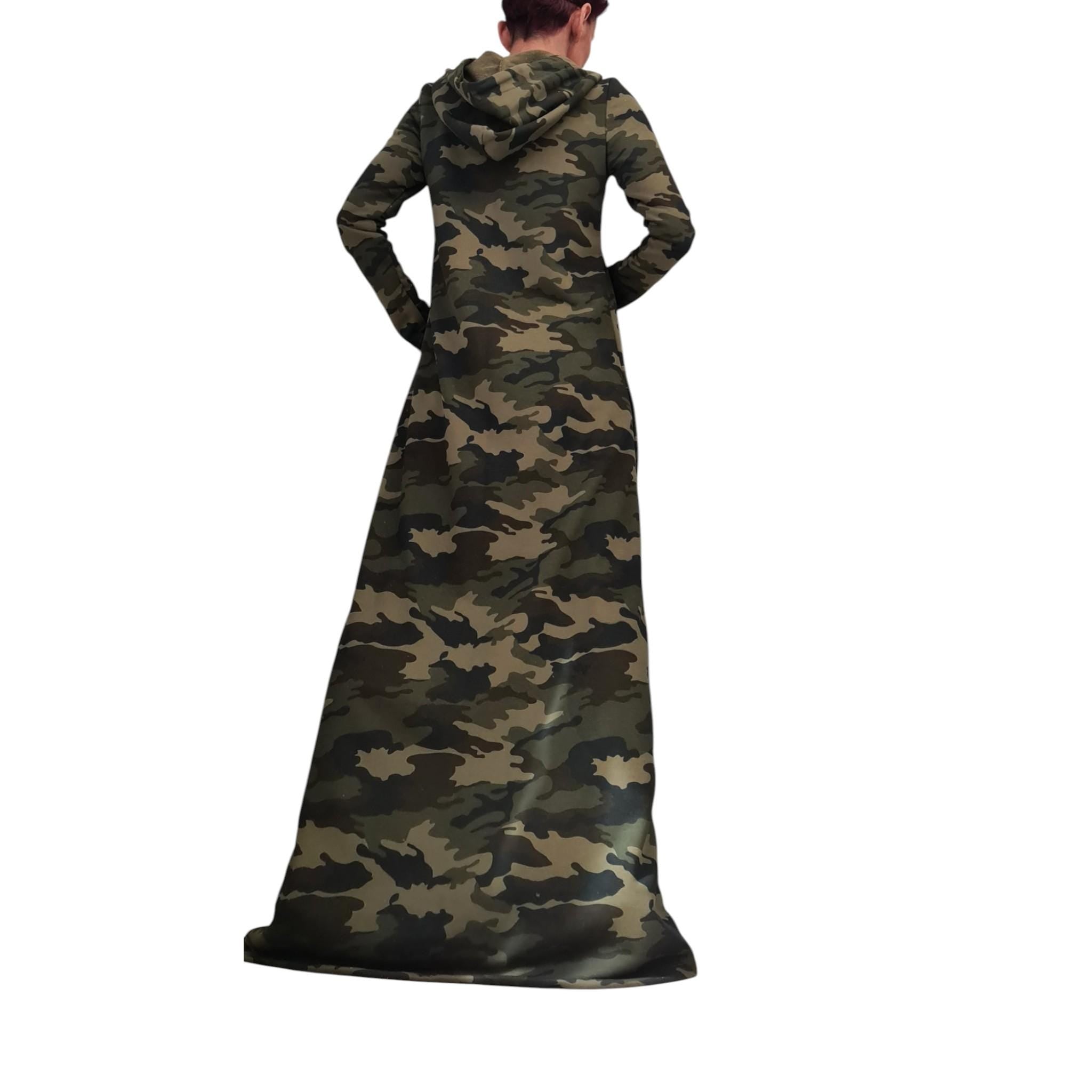 Camouflage Maxi Hoodie Dress, Long Cotton Military Style Gown, Avant Garde Camo Outfit, Oversized Statement Dress with Hood