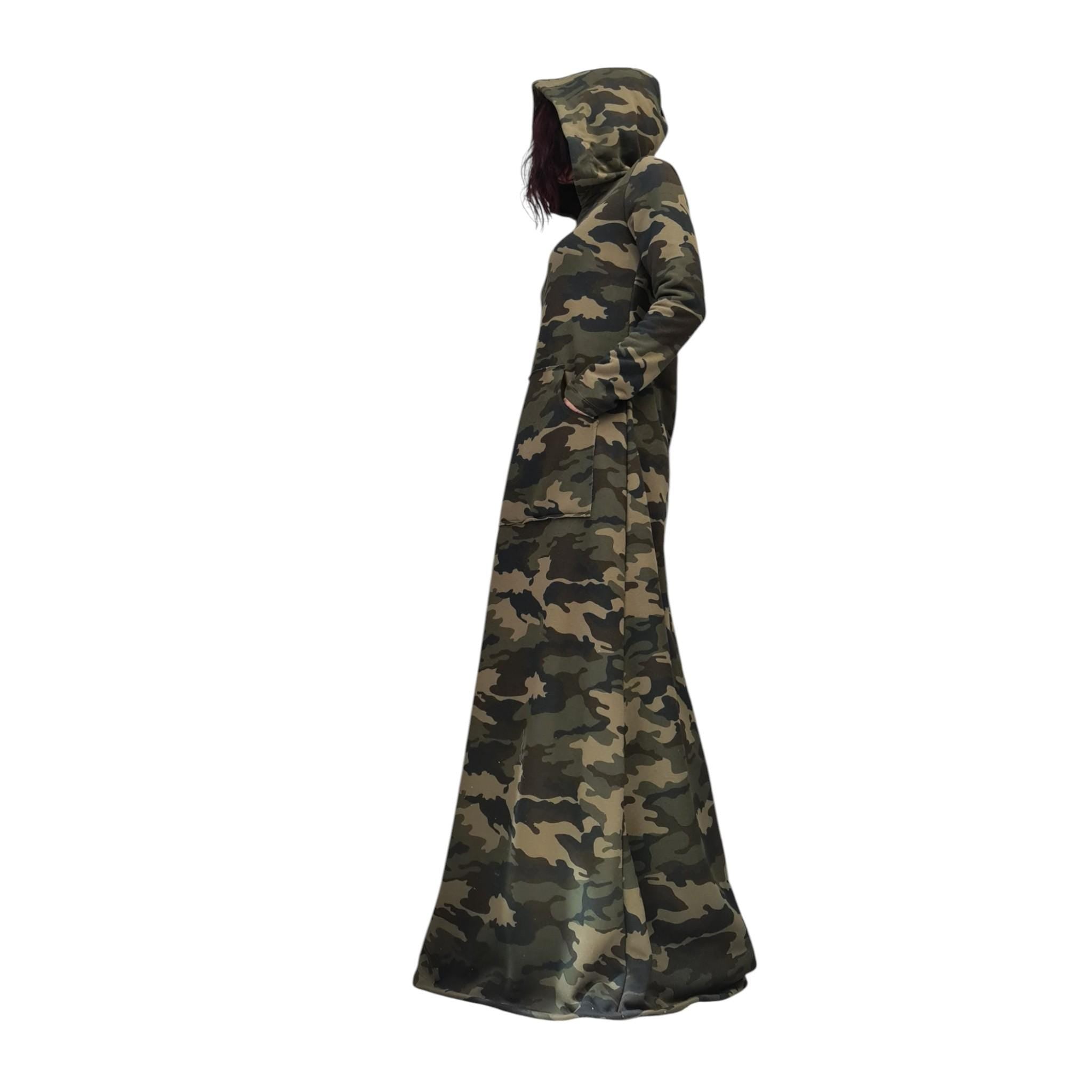 Camouflage Maxi Hoodie Dress, Long Cotton Military Style Gown, Avant Garde Camo Outfit, Oversized Statement Dress with Hood
