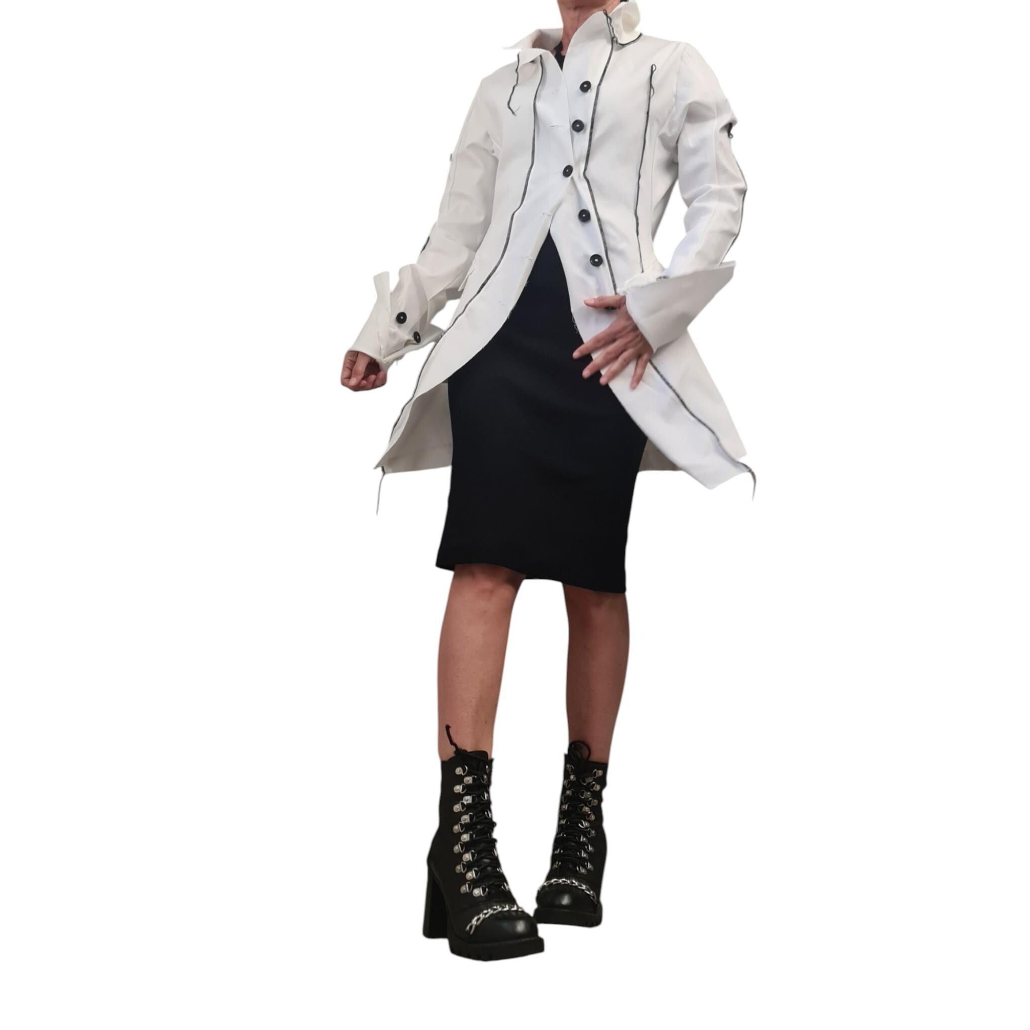 White Denim Blazer with Black Stitching, Women’s Handmade Jacket, Custom Avant Garde Coat, Minimalist Tailored Blazer