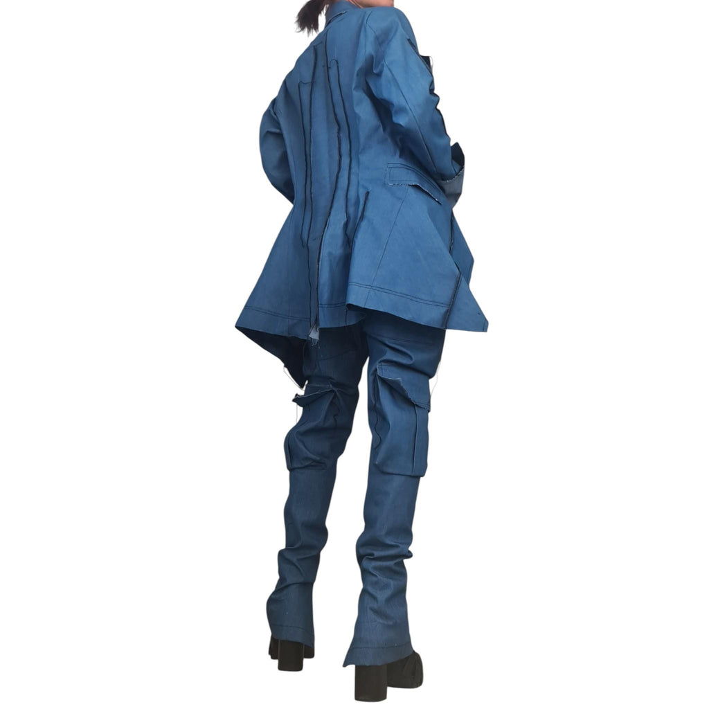 White Denim Blazer with Black Stitching, Women’s Handmade Jacket, Custom Avant Garde Coat, Minimalist Tailored Blazer