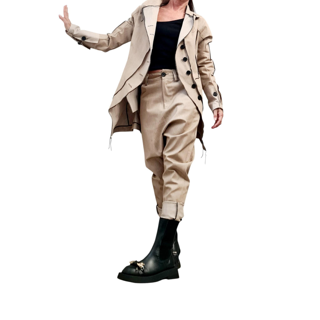 White Denim Blazer with Black Stitching, Women’s Handmade Jacket, Custom Avant Garde Coat, Minimalist Tailored Blazer