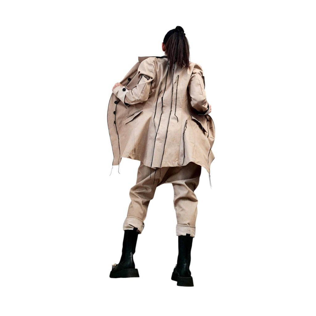 White Denim Blazer with Black Stitching, Women’s Handmade Jacket, Custom Avant Garde Coat, Minimalist Tailored Blazer