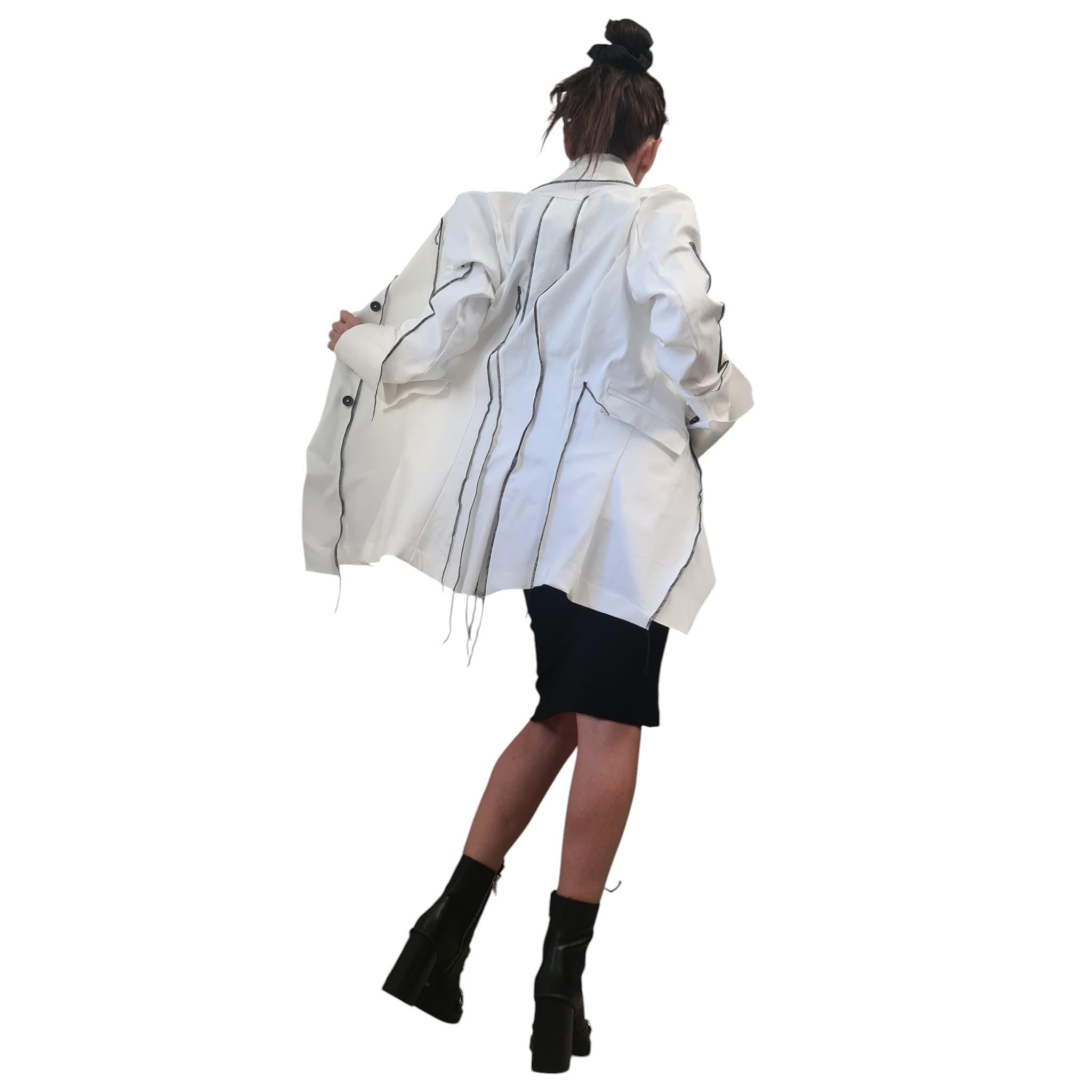 White Denim Blazer with Black Stitching, Women’s Handmade Jacket, Custom Avant Garde Coat, Minimalist Tailored Blazer