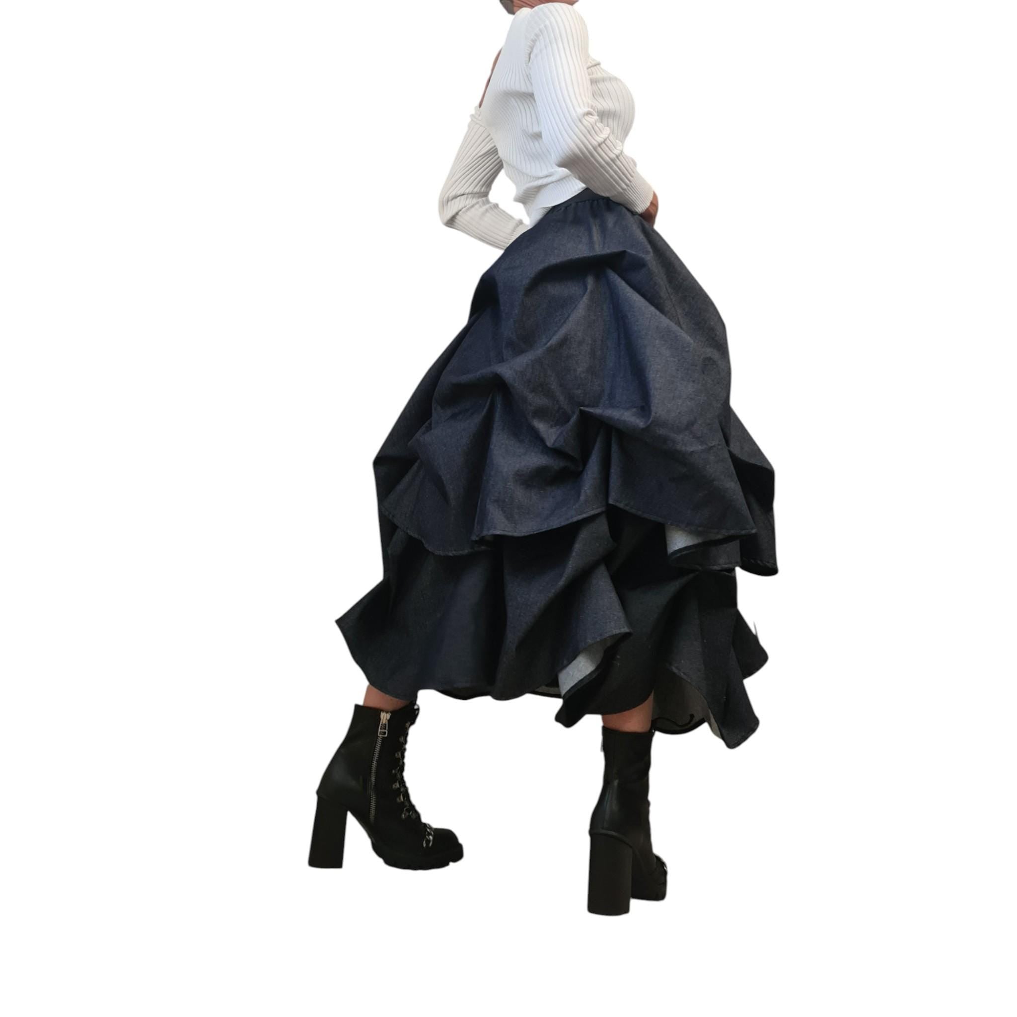 Asymmetric Denim Skirt, Avant Garde Denim Skirt with Adjustable Length, Handmade Artistic Deconstructed Maxi Skirt for Women