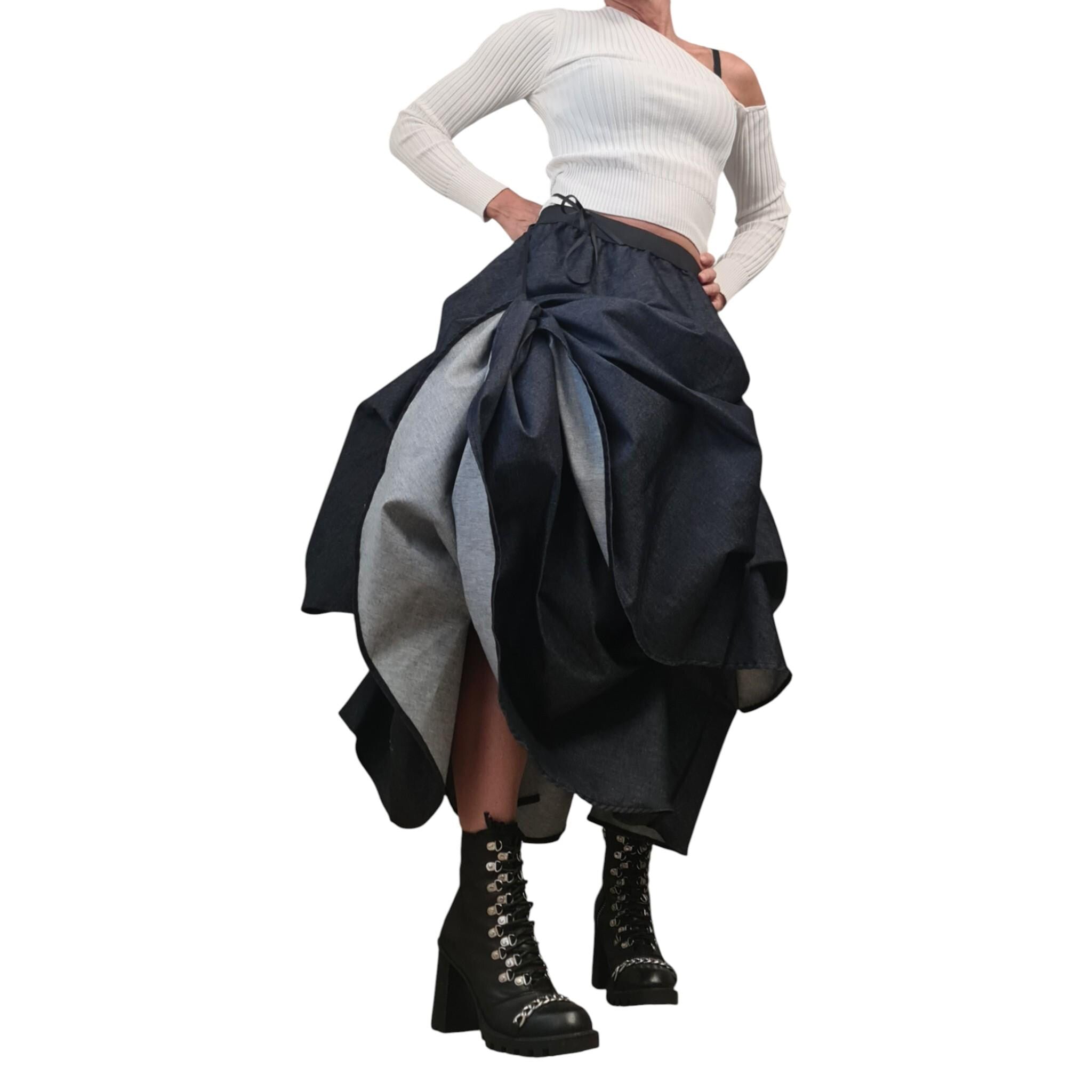 Asymmetric Denim Skirt, Avant Garde Denim Skirt with Adjustable Length, Handmade Artistic Deconstructed Maxi Skirt for Women