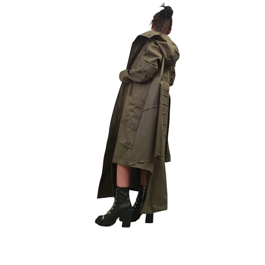 Military Green Denim Trench Coat, Extravagant Asymmetrical Long Jacket, Avant Garde Cotton Overcoat for Women